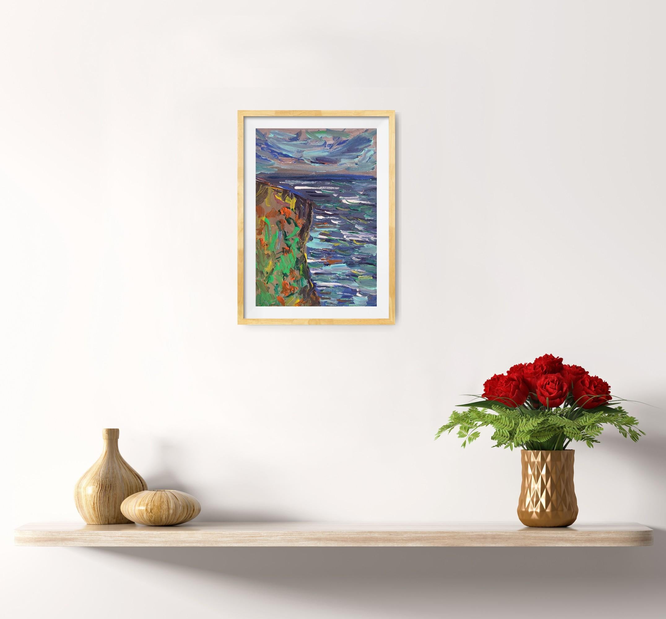Peinture acrylique contemporaine impressionniste abstraite sur papier, nature en bord de mer en vente 1