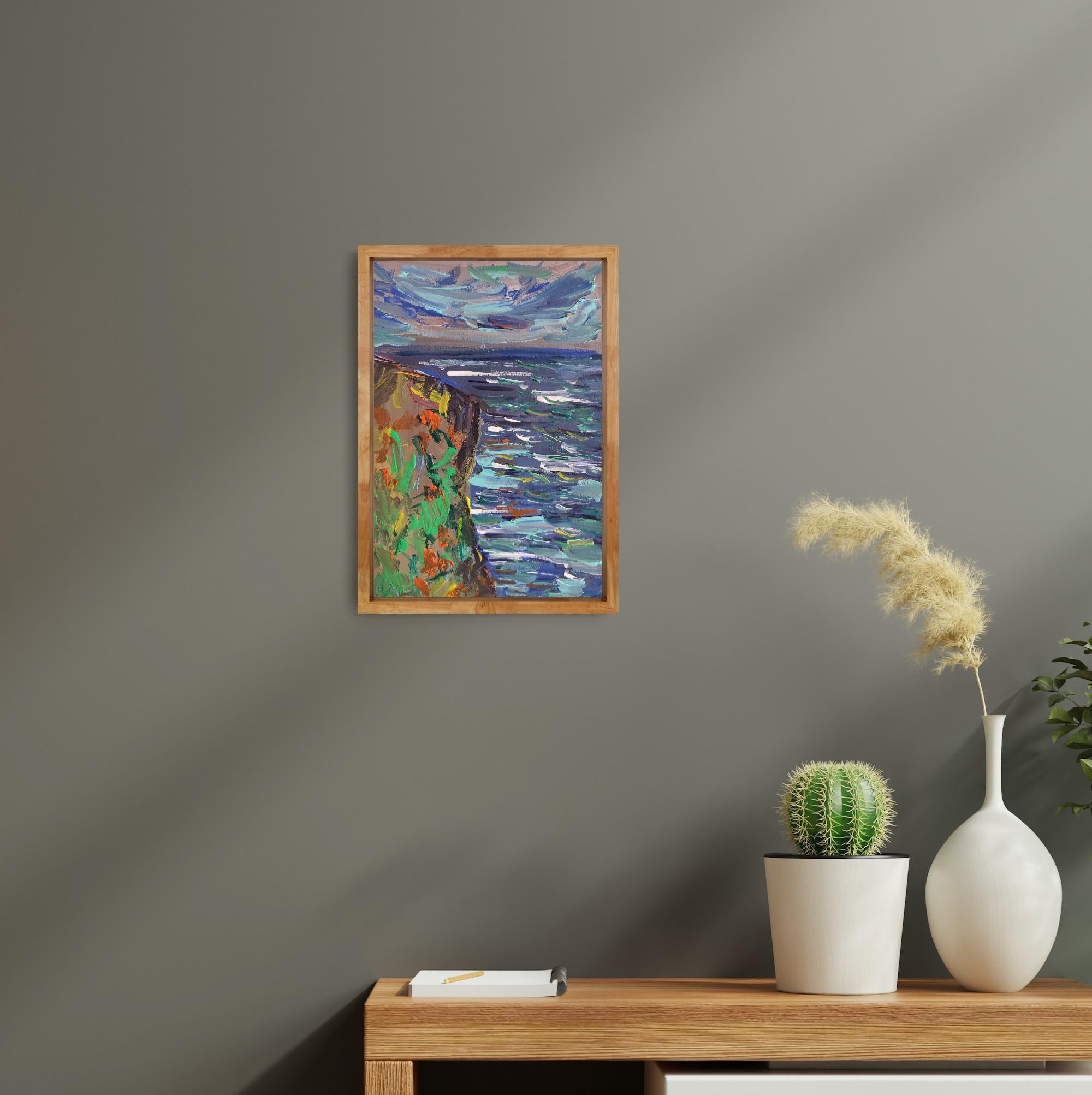 Peinture acrylique contemporaine impressionniste abstraite sur papier, nature en bord de mer en vente 2