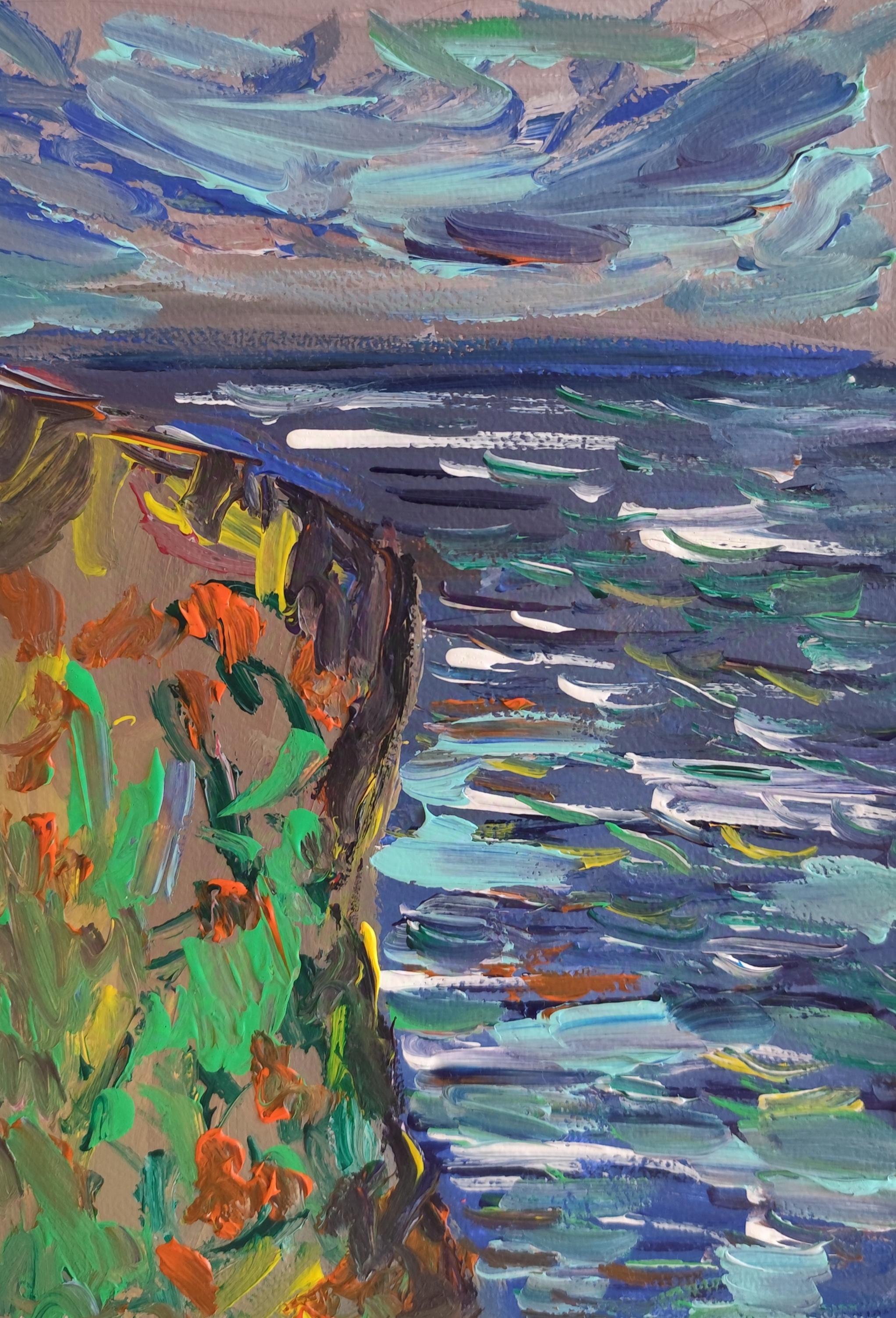 Contemporary abstract impressionist seaside nature acrylic painting on paper