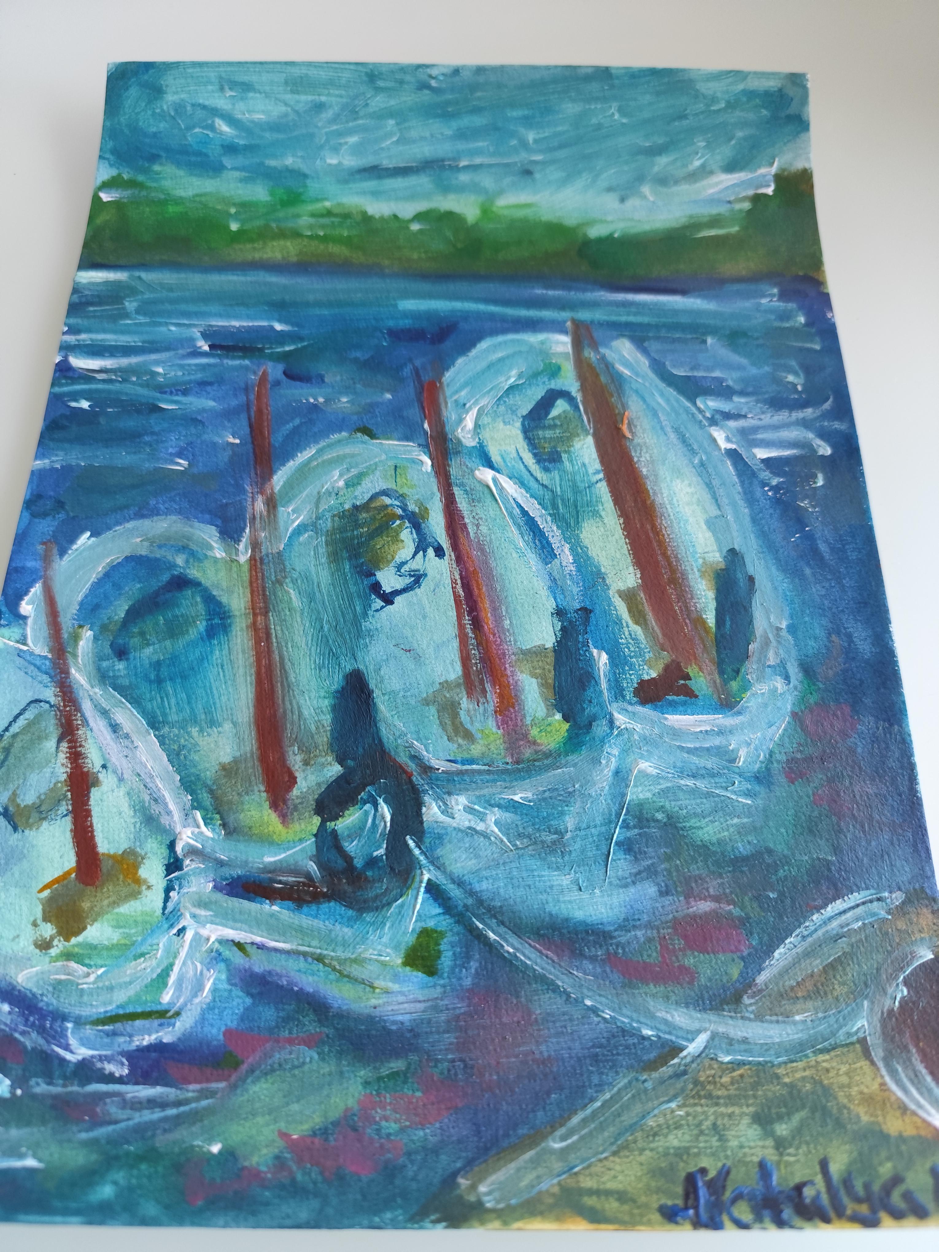 Impressionist seascape acrylic painting paper 