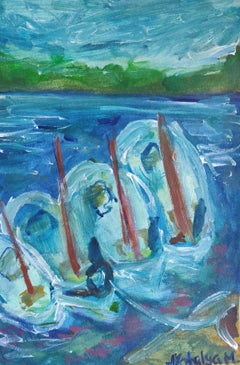 Pittura acrilica impressionista di paesaggio marino "Villaggio costiero con le sue barche".