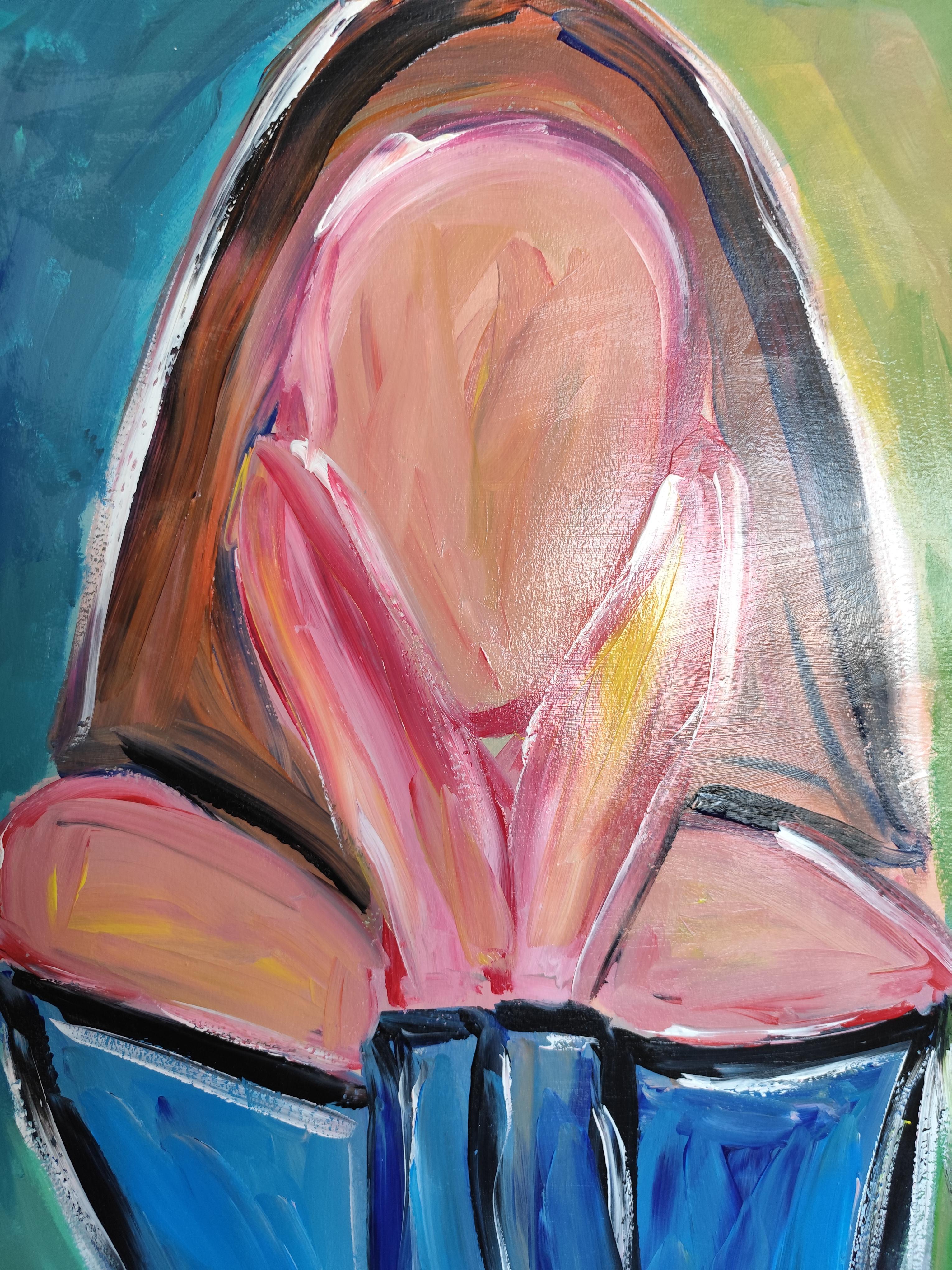 Quadro astratto contemporaneo in acrilico Ritratto di donna senza volto su carta in vendita 12