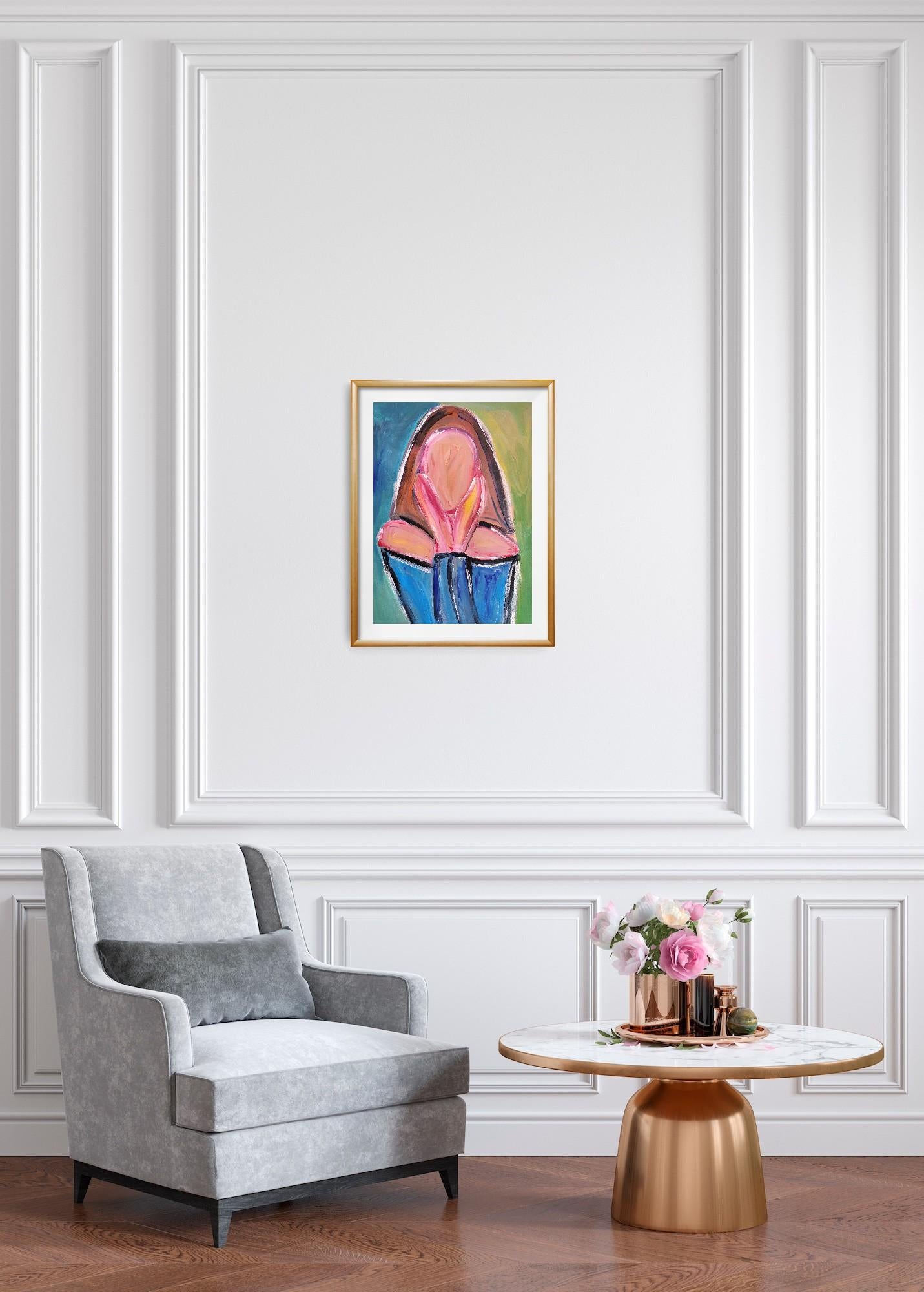 Quadro astratto contemporaneo in acrilico Ritratto di donna senza volto su carta in vendita 2