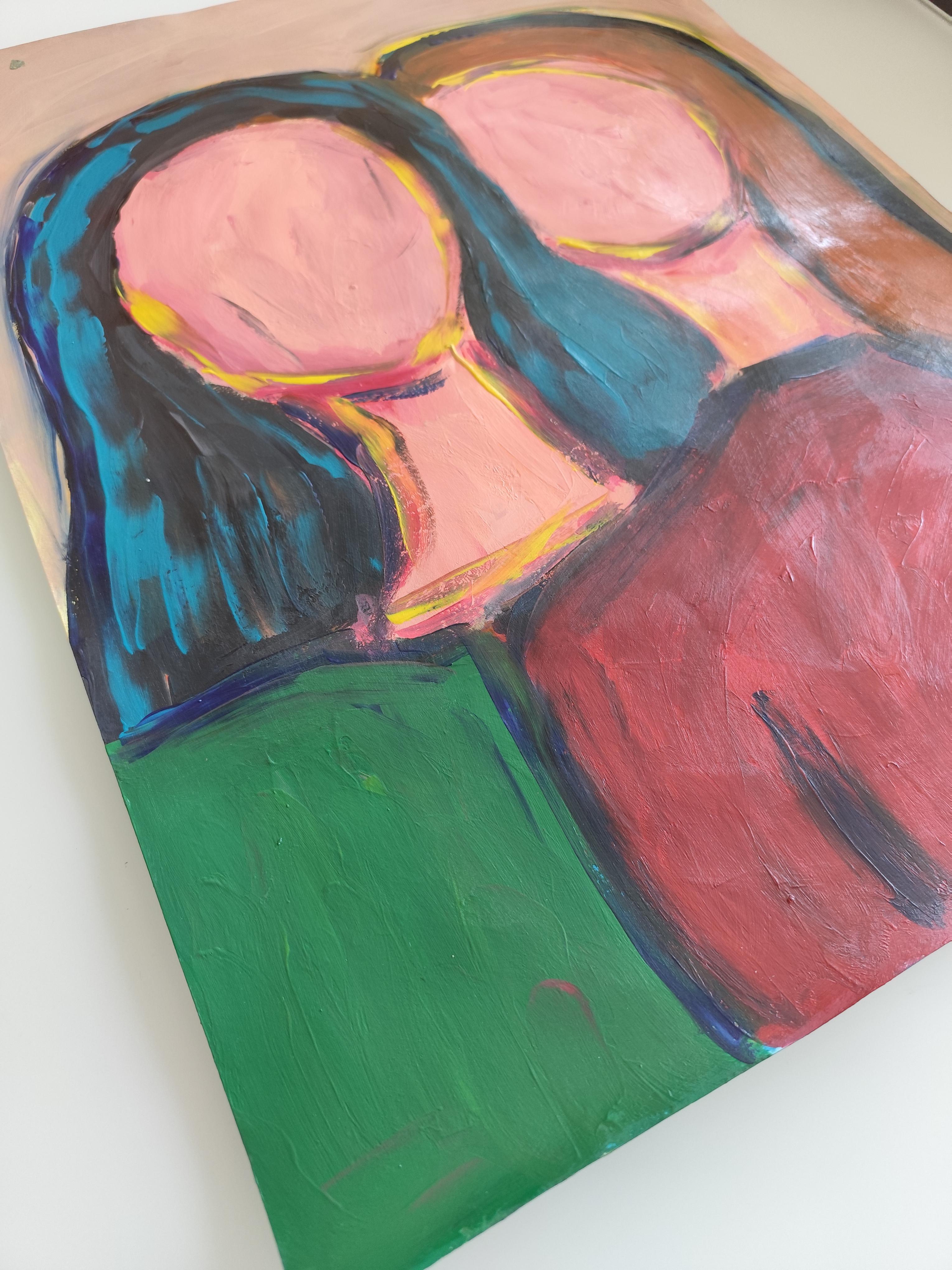 Peinture acrylique abstraite contemporaine portrait sans visage de deux femmes sur papier en vente 5