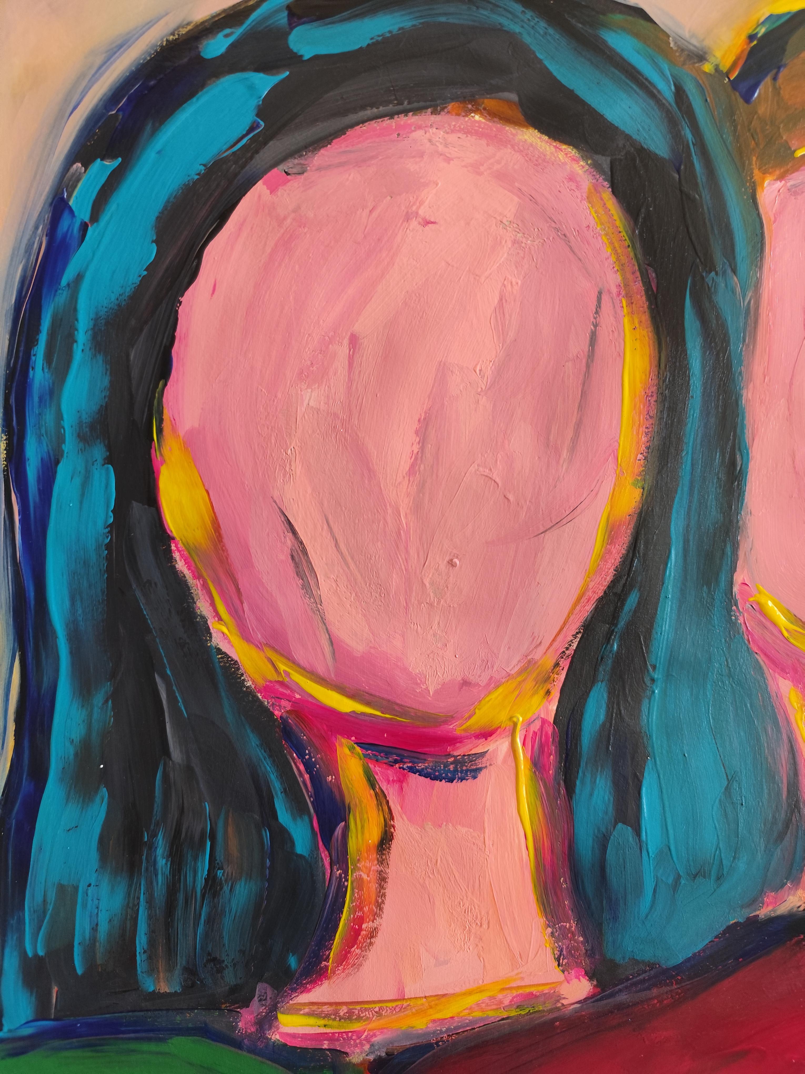 Peinture acrylique abstraite contemporaine portrait sans visage de deux femmes sur papier en vente 7