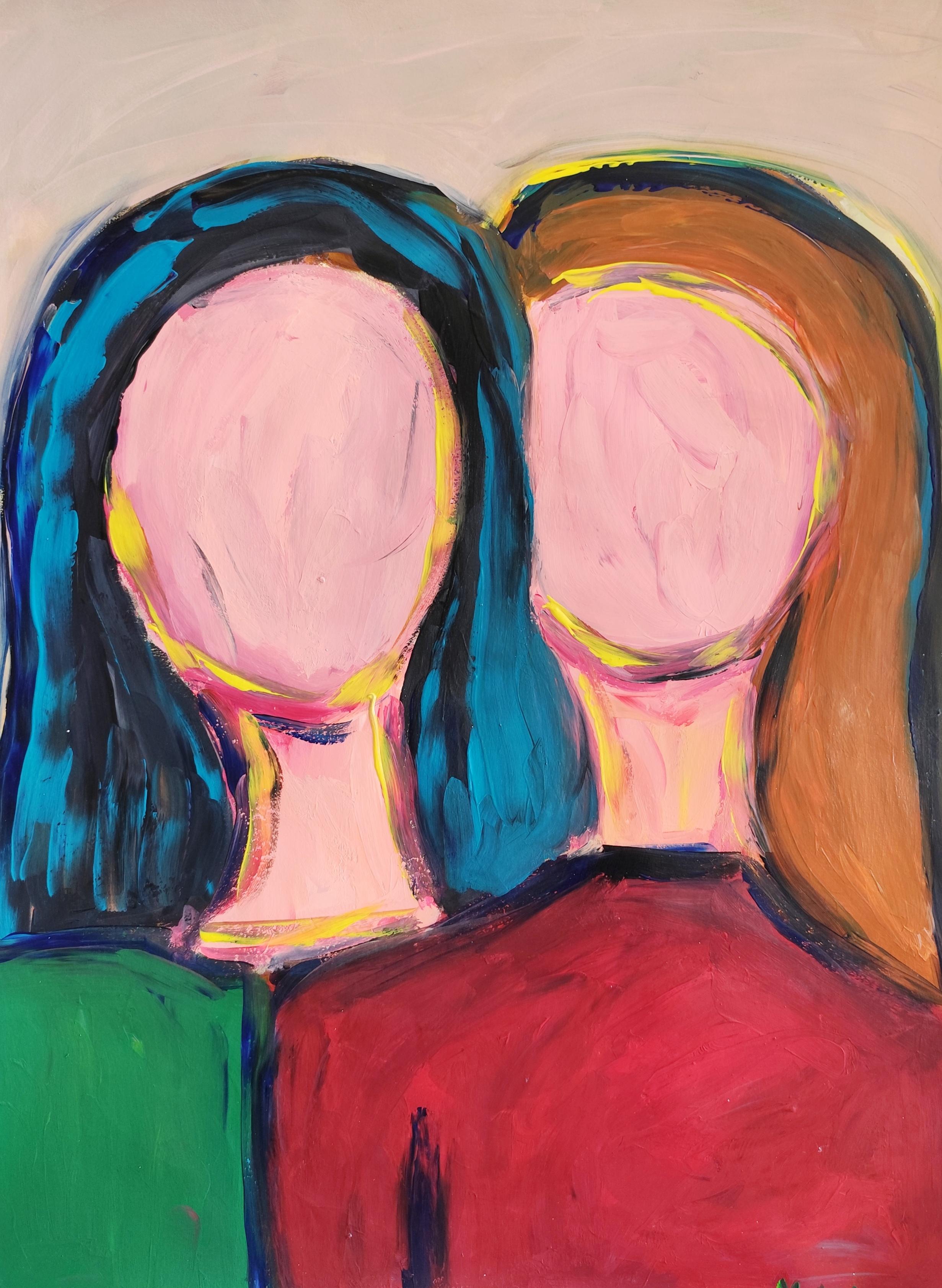 Peinture acrylique abstraite contemporaine portrait sans visage de deux femmes sur papier en vente 10