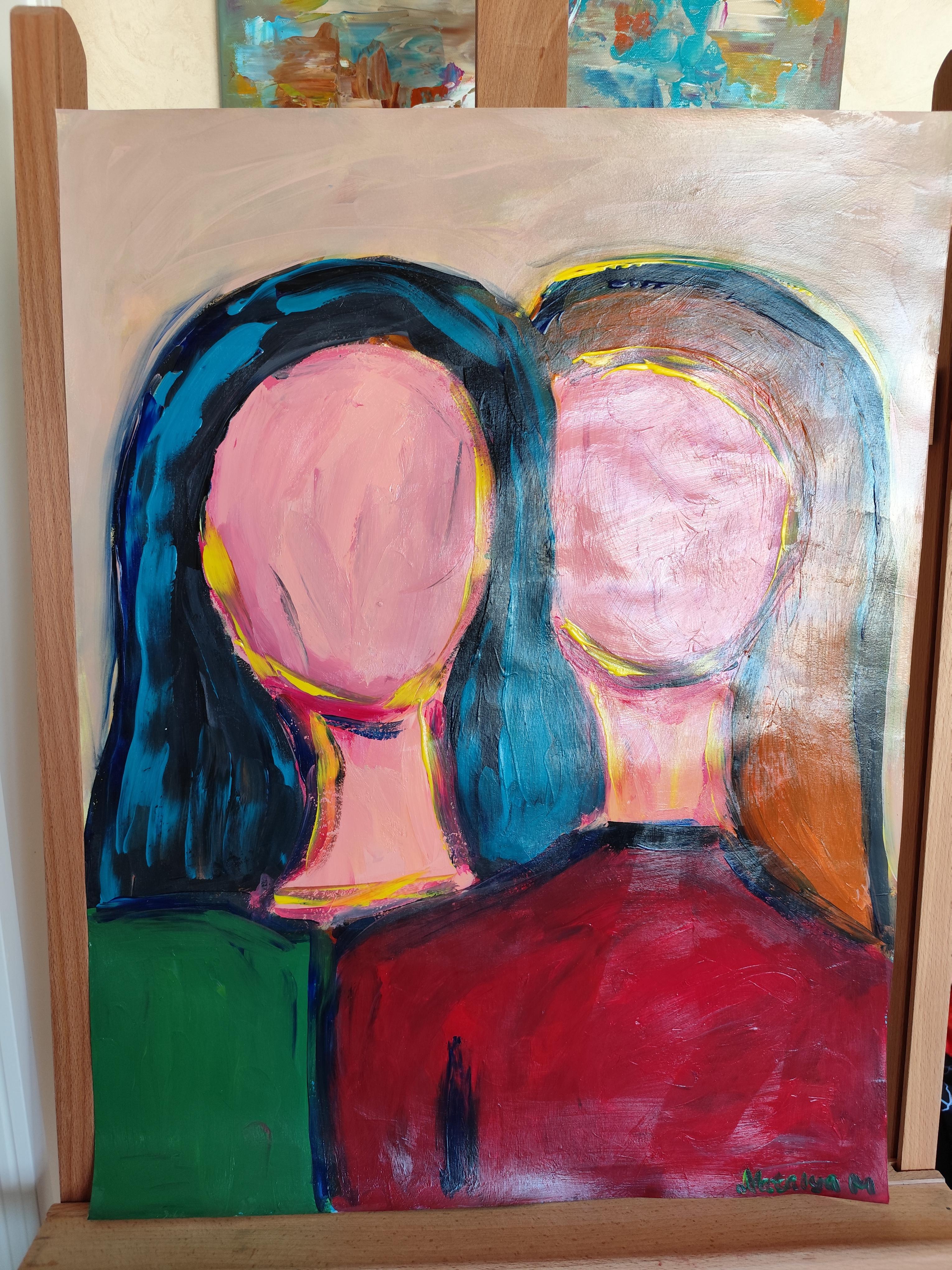 Peinture acrylique abstraite contemporaine portrait sans visage de deux femmes sur papier en vente 11