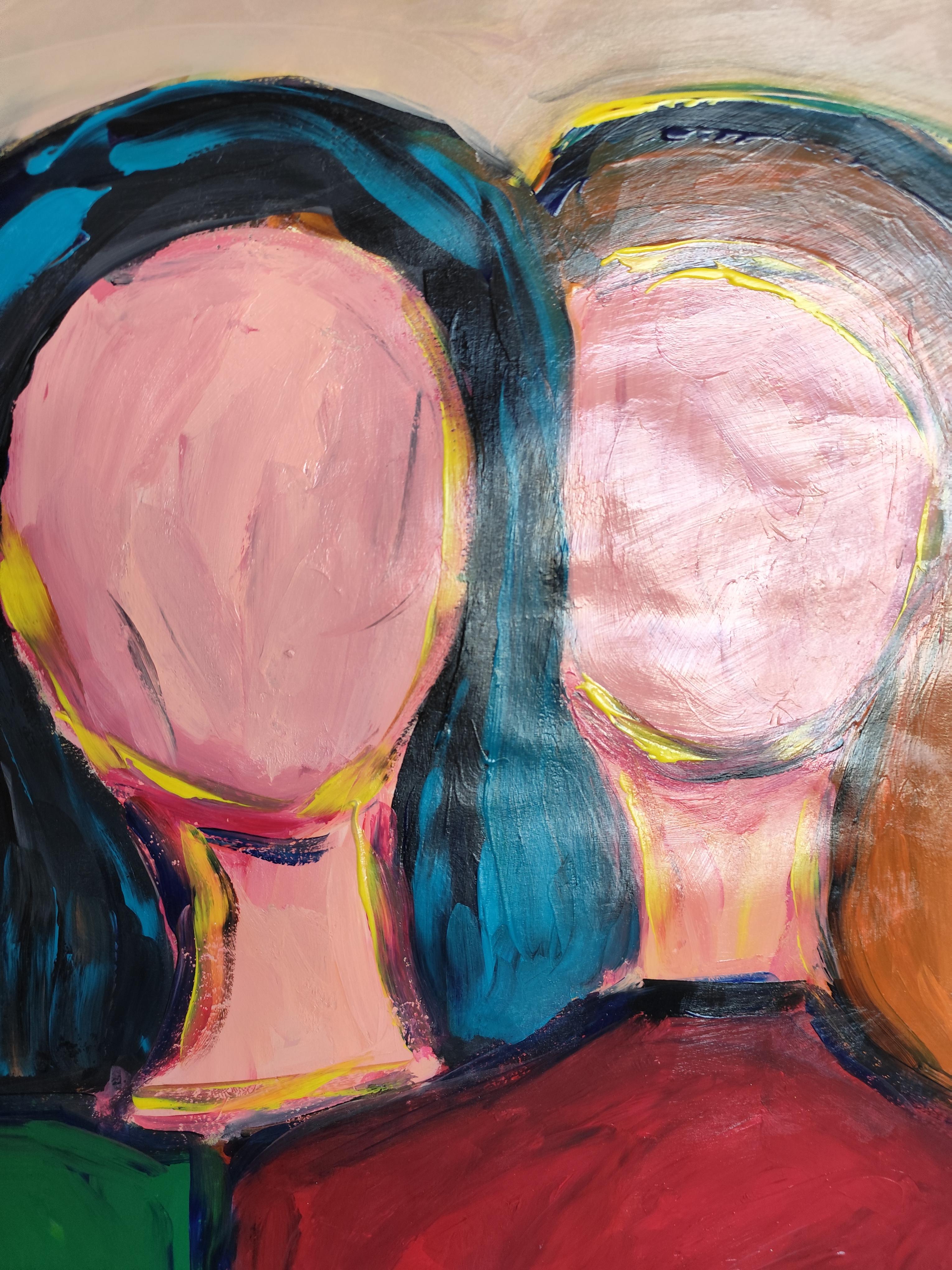 Peinture acrylique abstraite contemporaine portrait sans visage de deux femmes sur papier en vente 12