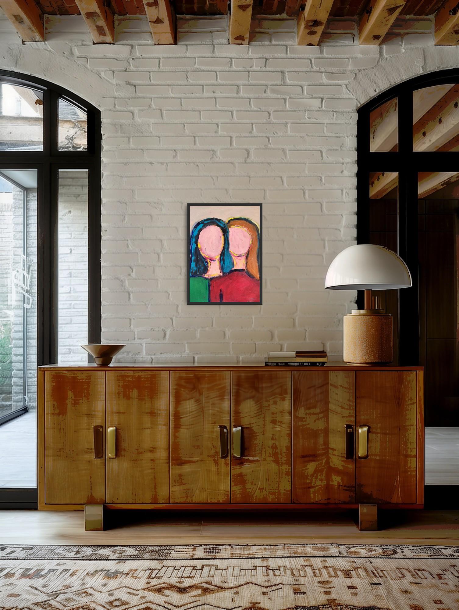 Peinture acrylique abstraite contemporaine portrait sans visage de deux femmes sur papier - Painting de Mougenot Natalya