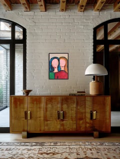 Contemporary abstract acrylic painting faceless portrait of two woman on paper