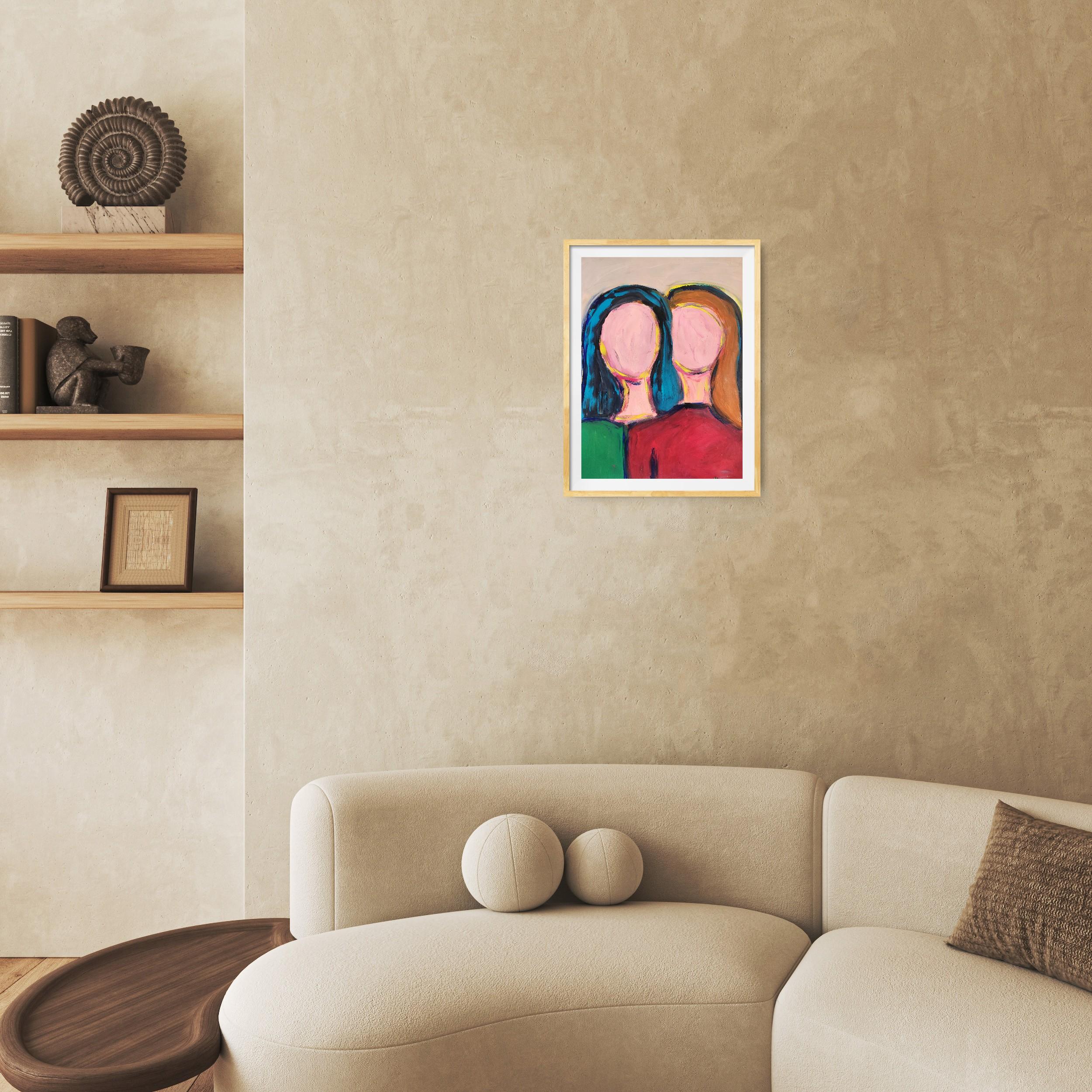 Peinture acrylique abstraite contemporaine portrait sans visage de deux femmes sur papier en vente 1