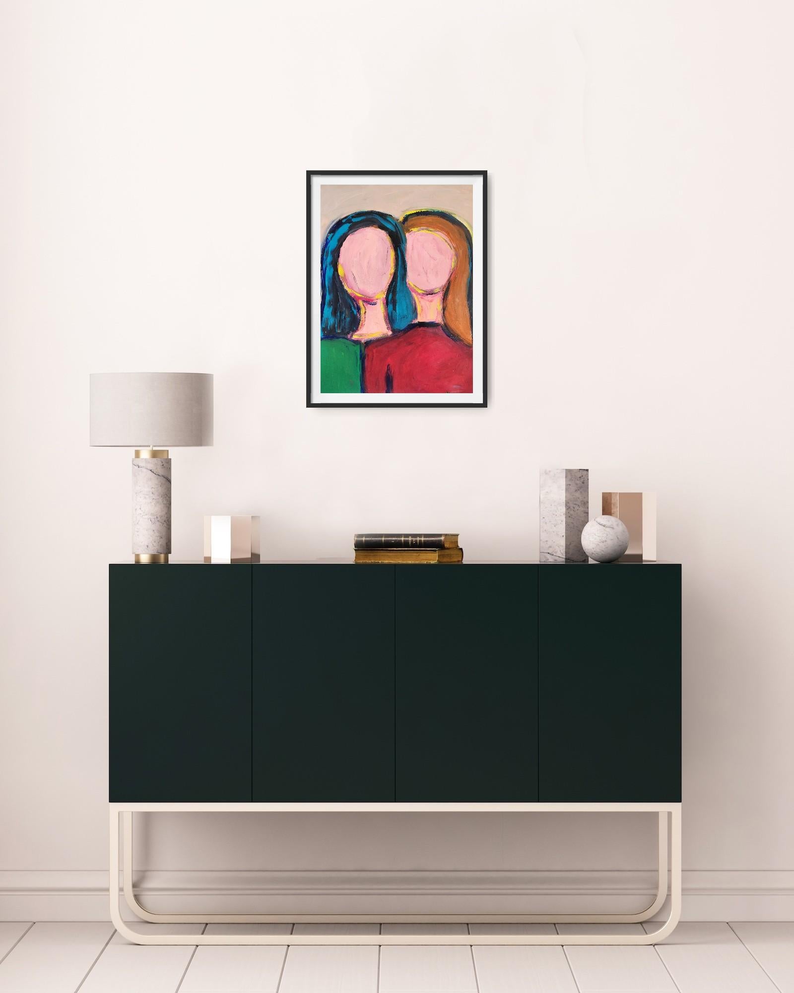 Peinture acrylique abstraite contemporaine portrait sans visage de deux femmes sur papier en vente 2