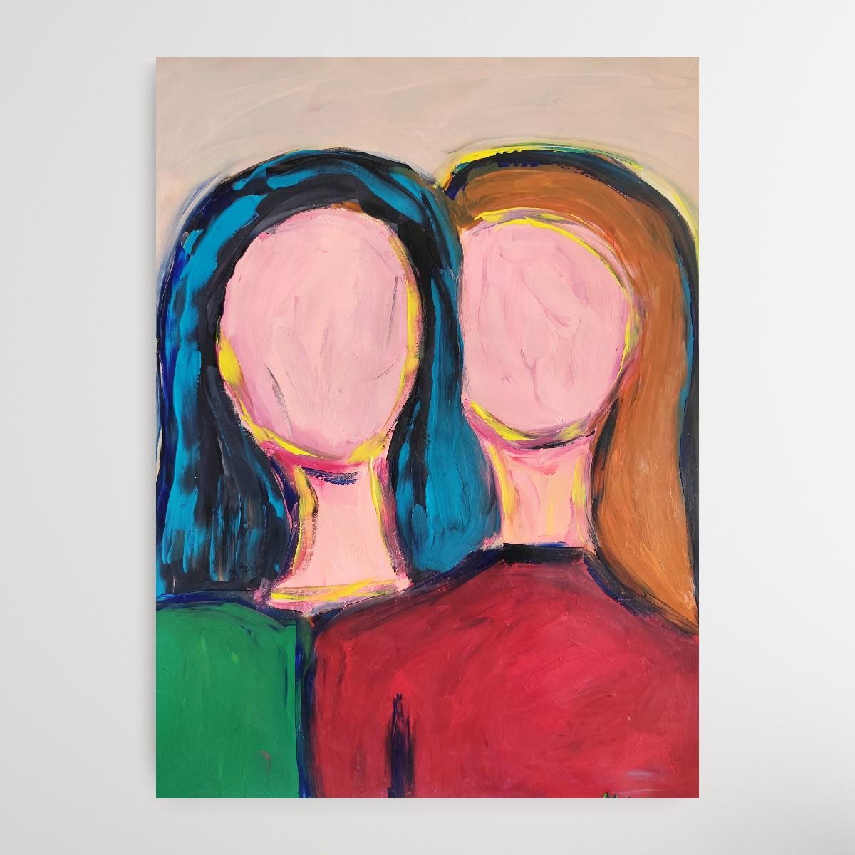 Peinture acrylique abstraite contemporaine portrait sans visage de deux femmes sur papier en vente 3