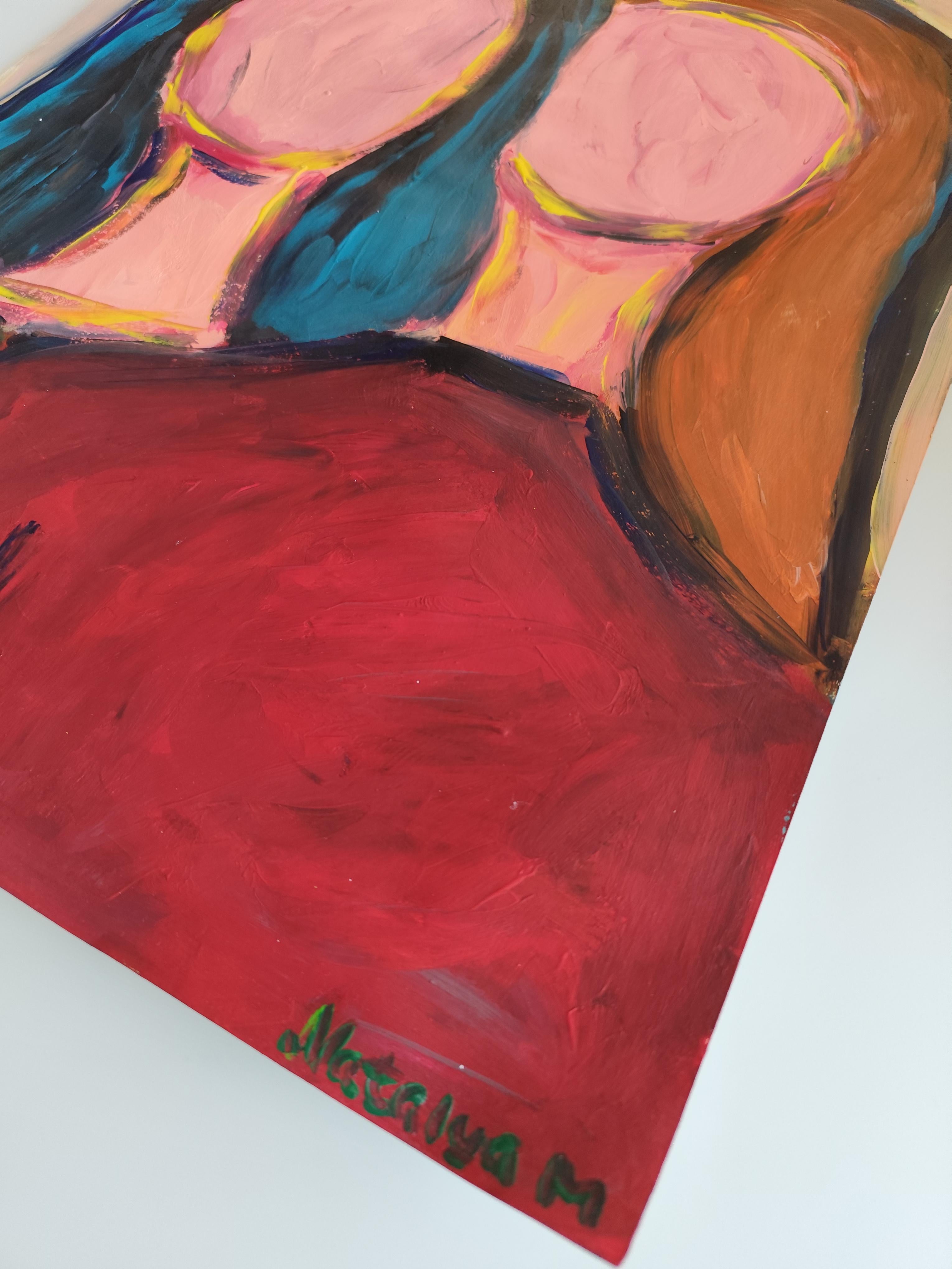 Peinture acrylique abstraite contemporaine portrait sans visage de deux femmes sur papier en vente 4