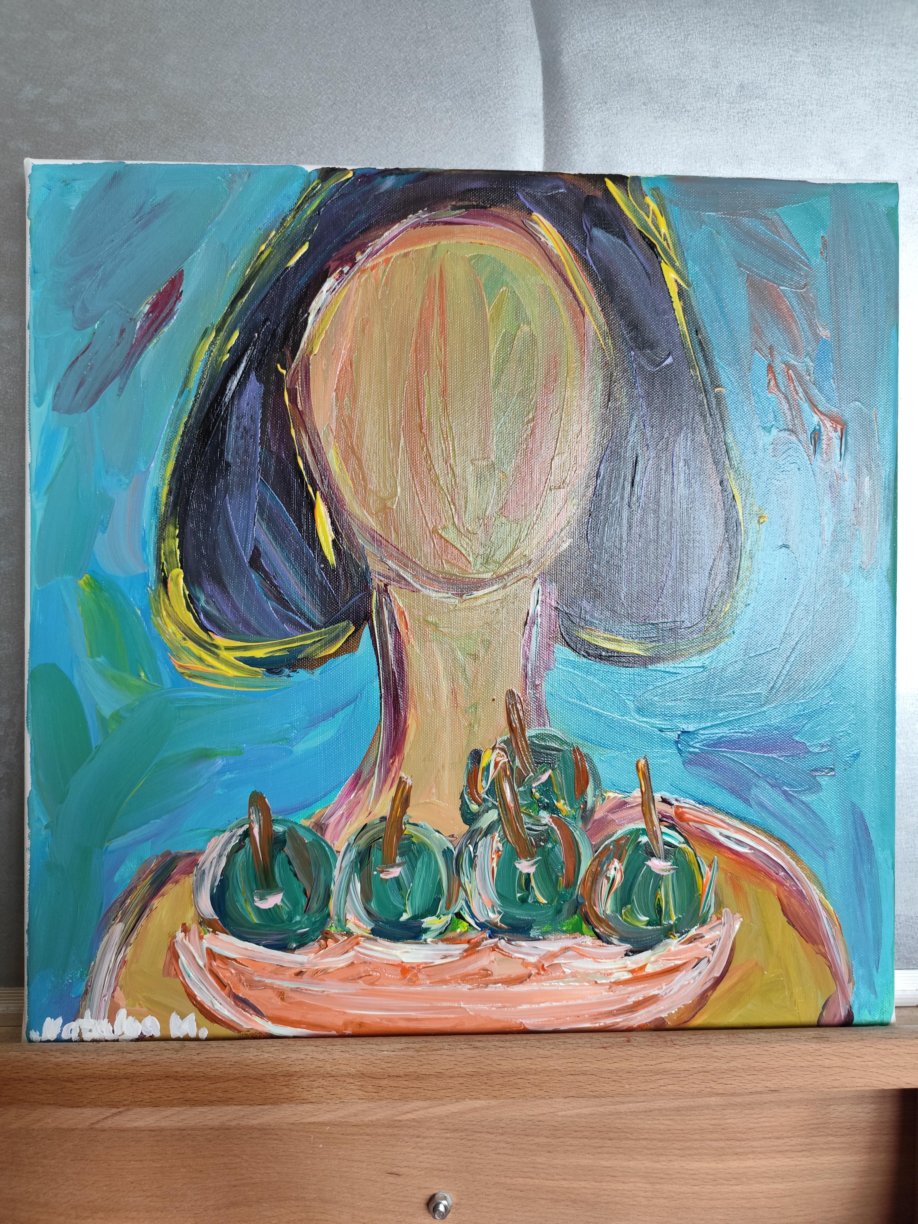 Zeitgenössische abstrakte Acrylmalerei einer Frau auf Leinwand 