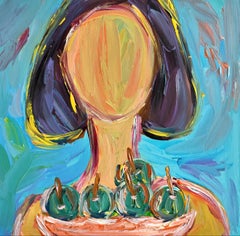 Pintura acrílica abstracta contemporánea de una mujer lienzo "Mi cuenco de manzana verde"