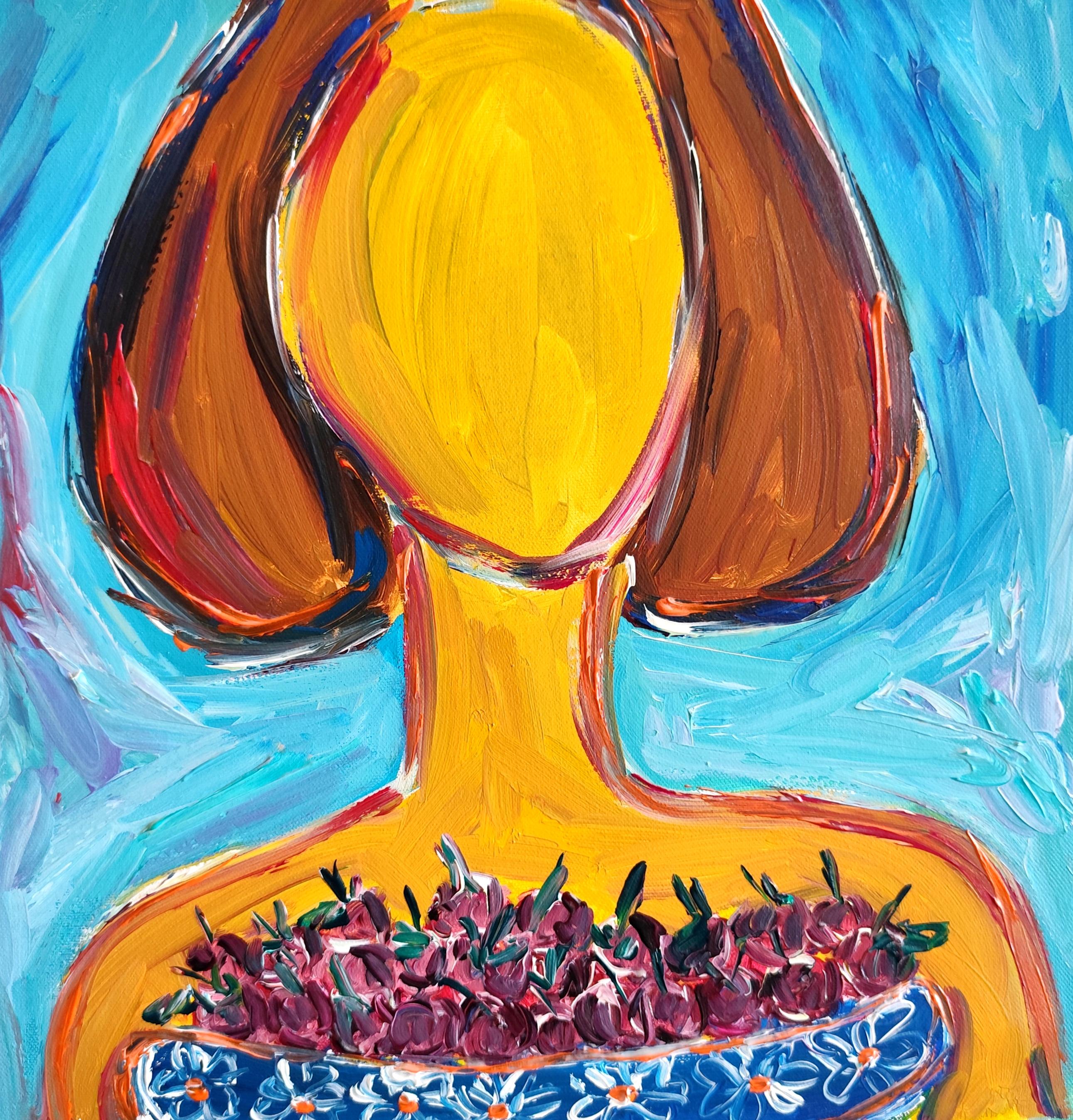 Pintura acrílica abstracta contemporánea de una mujer "Con mis dulces cerezas"