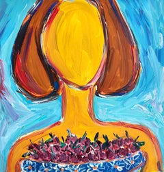Pintura acrílica abstracta contemporánea de una mujer "Con mis dulces cerezas"
