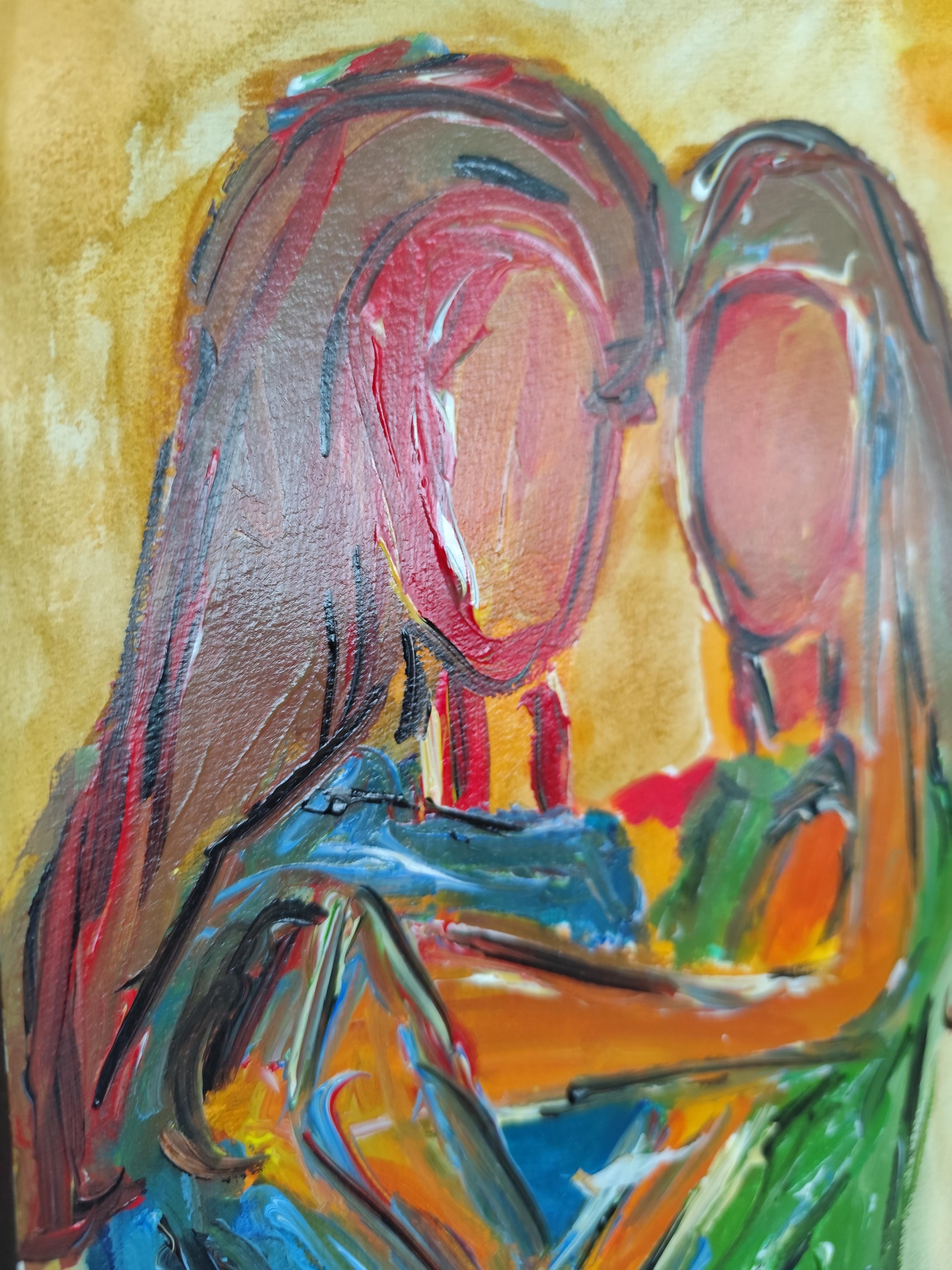 Quadro astratto contemporaneo in acrilico ritratto di due donne su carta in vendita 6