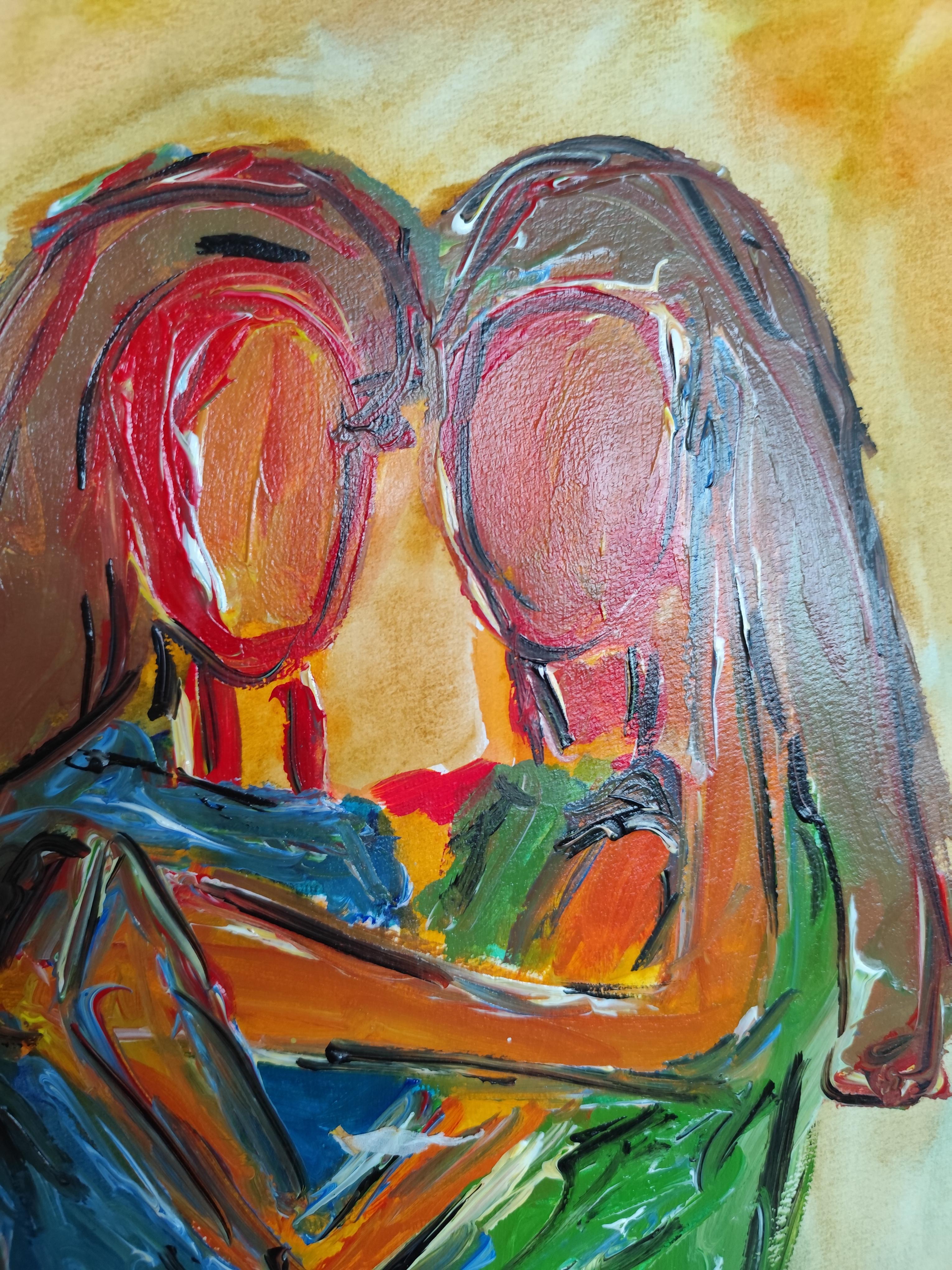 Quadro astratto contemporaneo in acrilico ritratto di due donne su carta in vendita 7