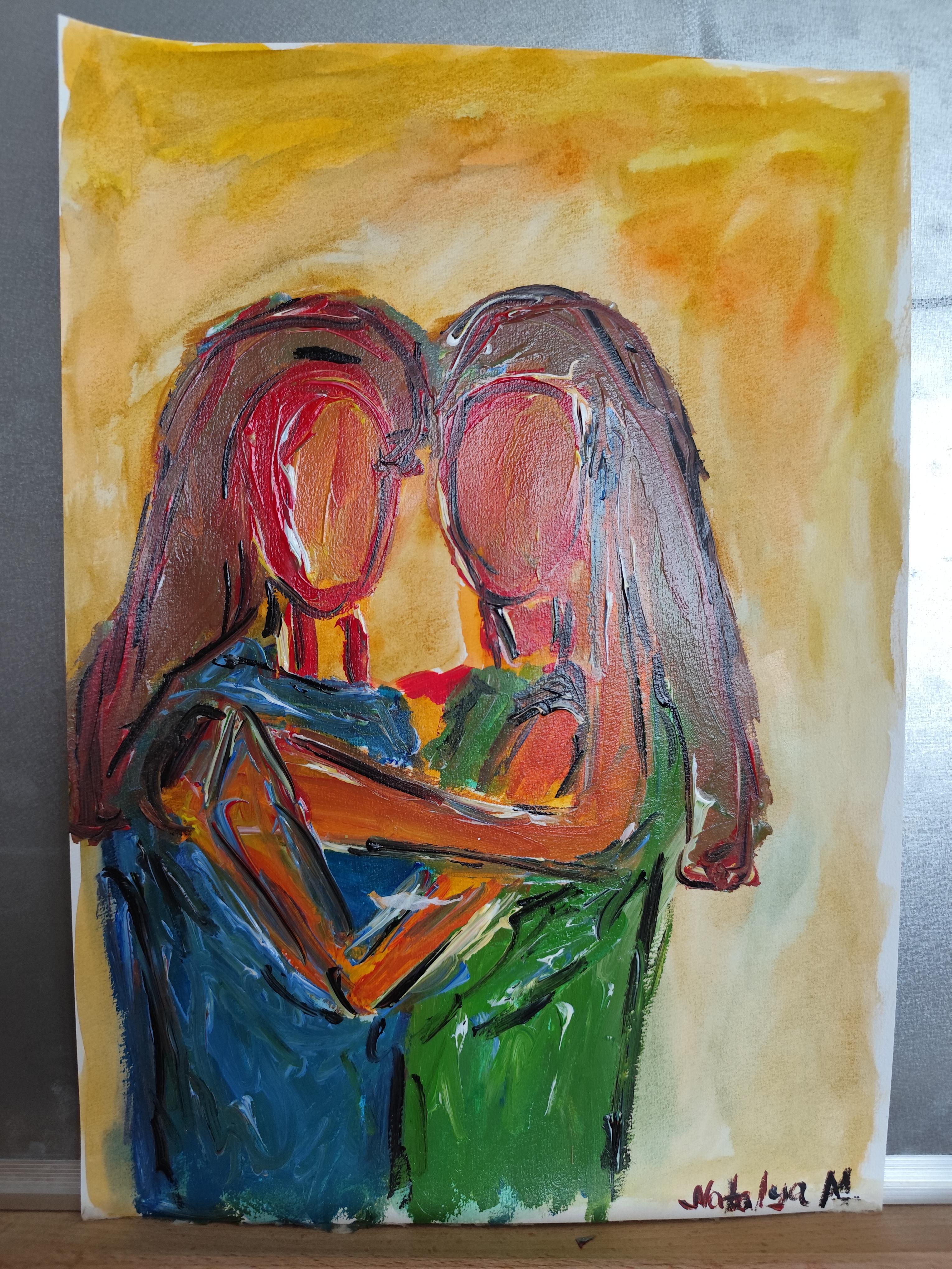 Quadro astratto contemporaneo in acrilico ritratto di due donne su carta in vendita 8