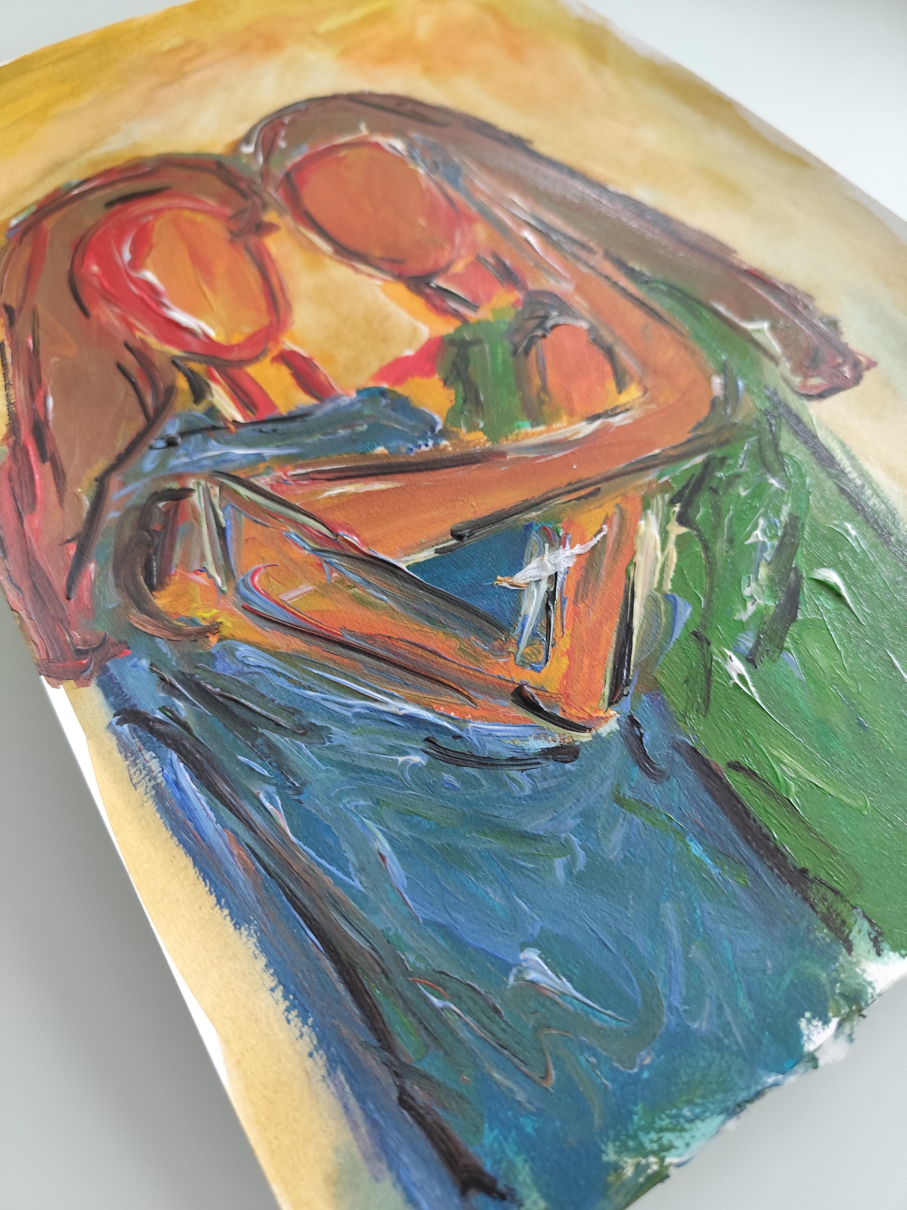 Quadro astratto contemporaneo in acrilico ritratto di due donne su carta in vendita 12