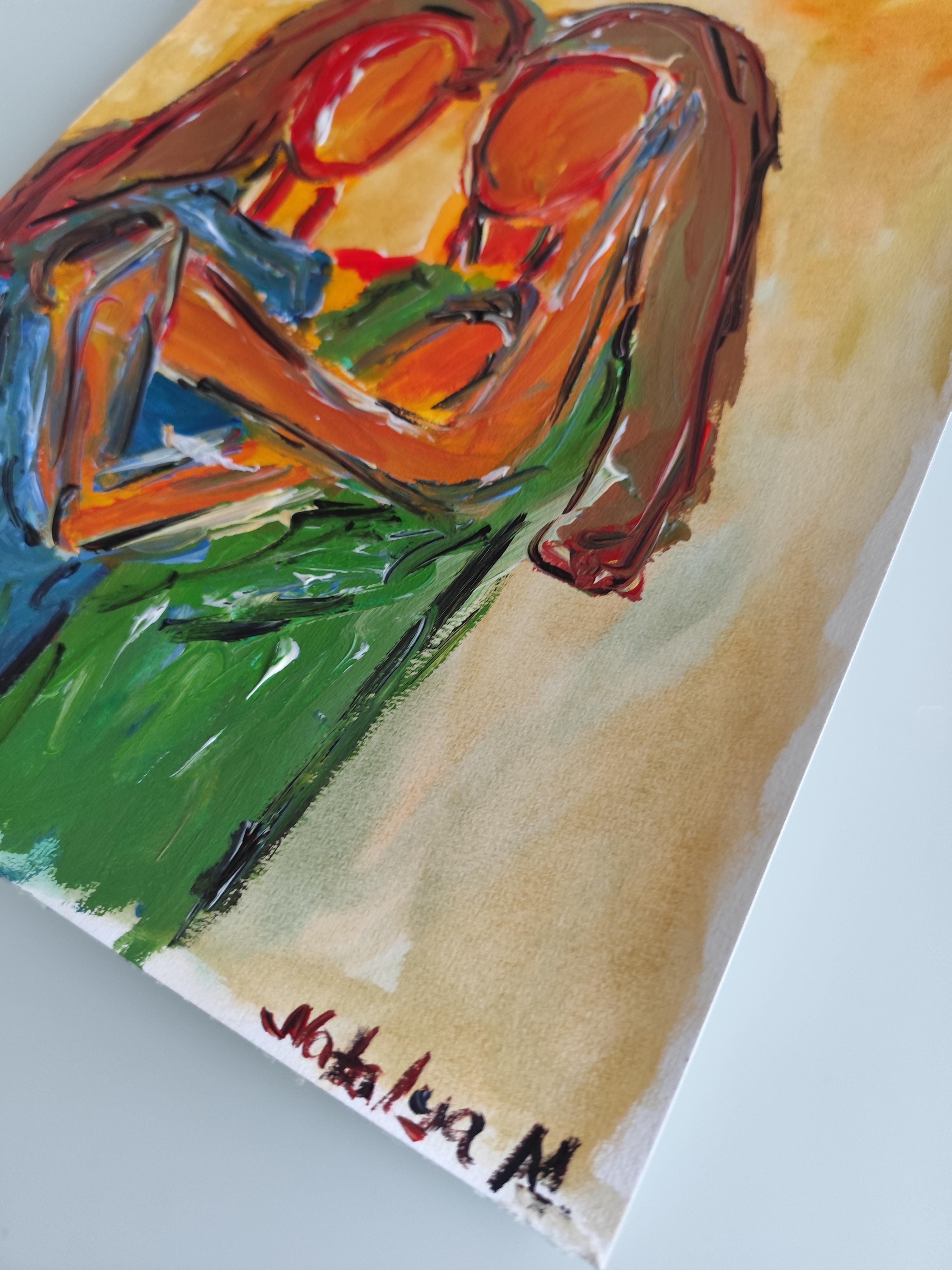 Quadro astratto contemporaneo in acrilico ritratto di due donne su carta in vendita 13