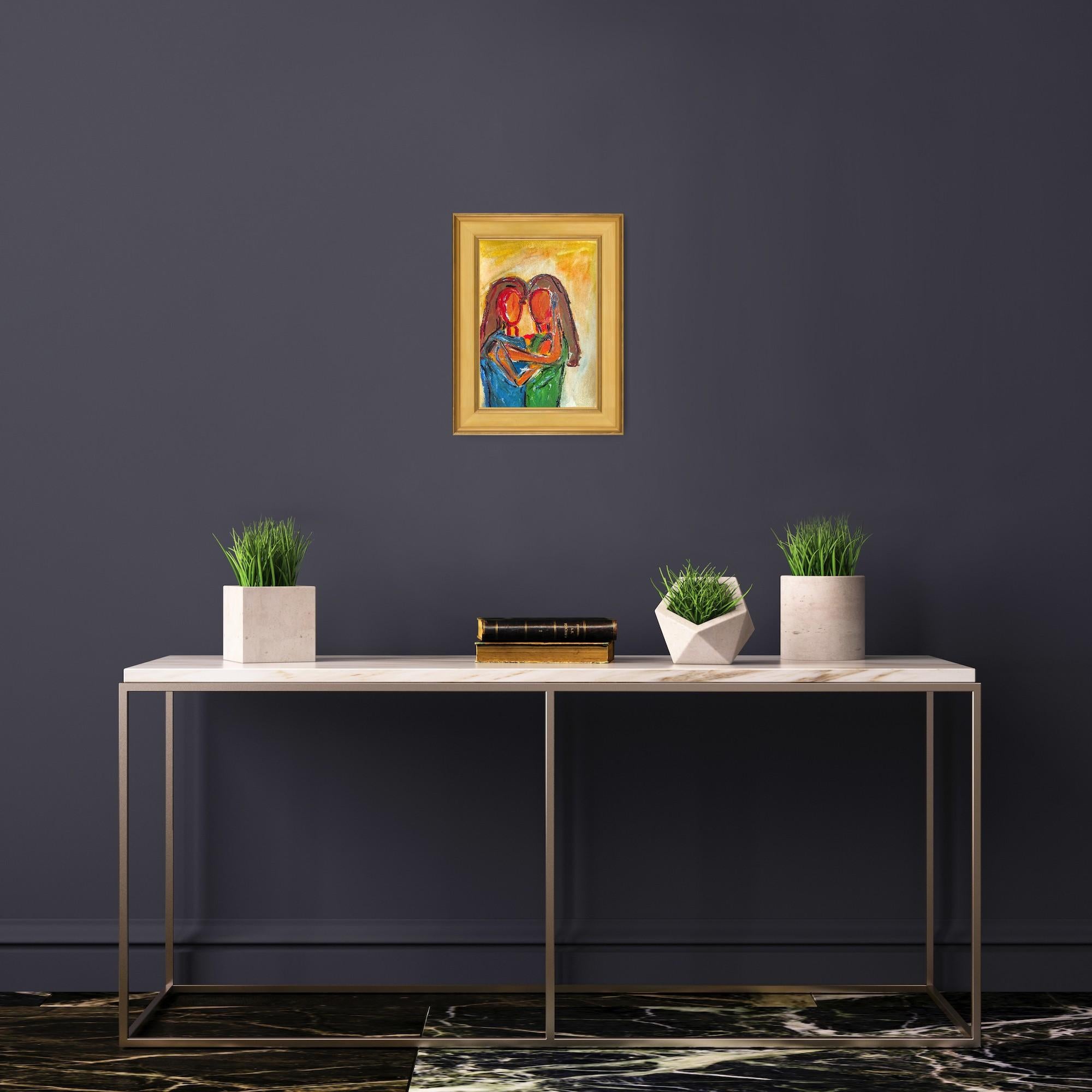Quadro astratto contemporaneo in acrilico ritratto di due donne su carta - Painting di Mougenot Natalya