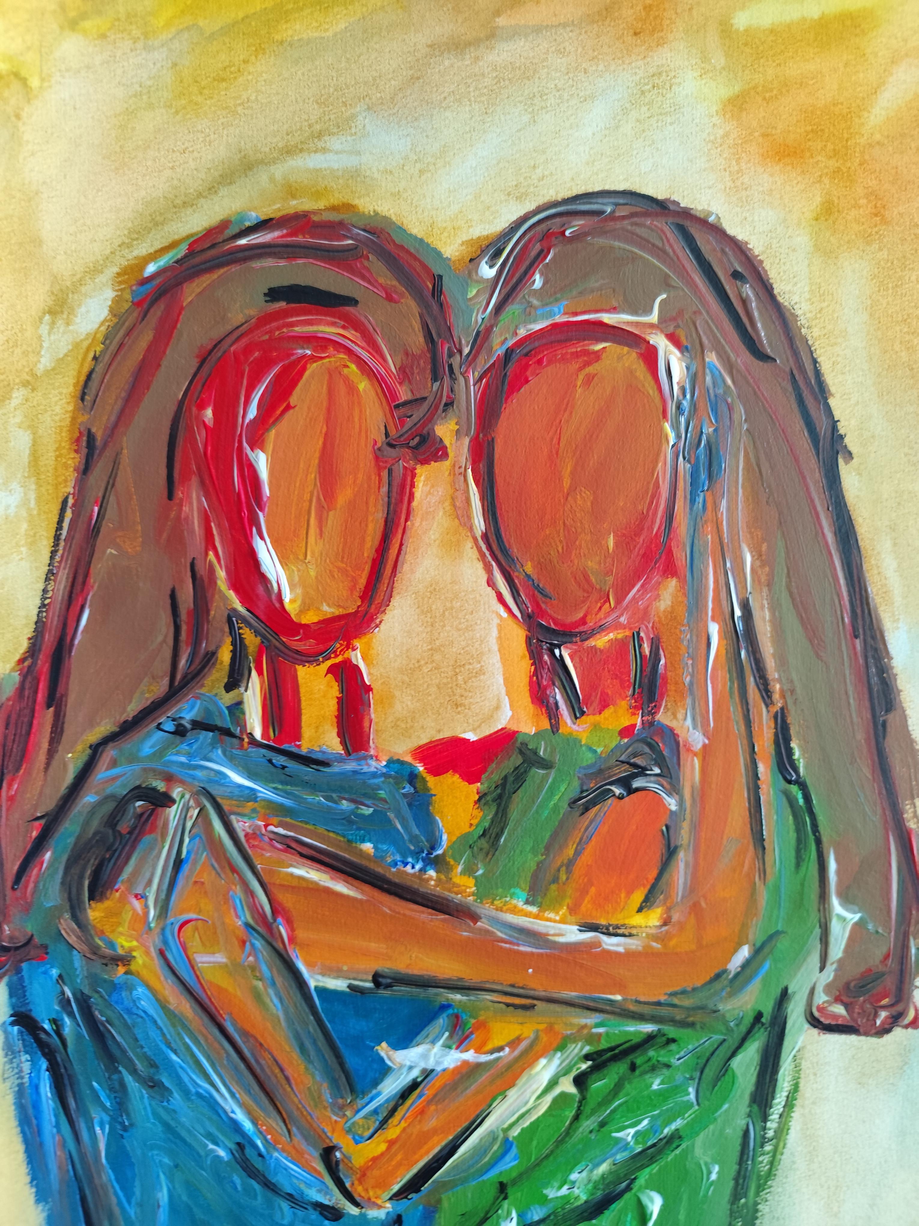 Quadro astratto contemporaneo in acrilico ritratto di due donne su carta in vendita 15
