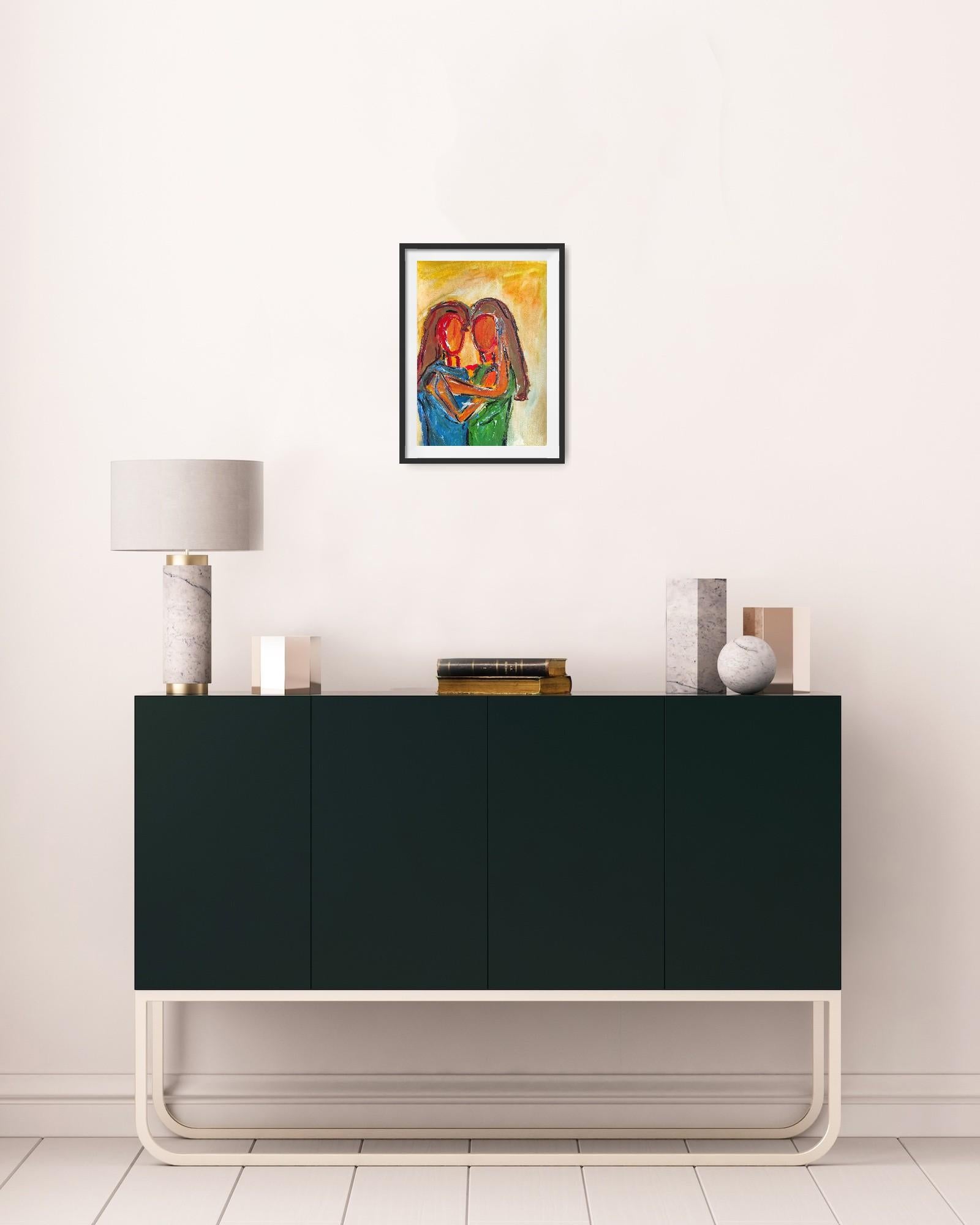 Quadro astratto contemporaneo in acrilico ritratto di due donne su carta - Figurative Painting Marrone di Mougenot Natalya