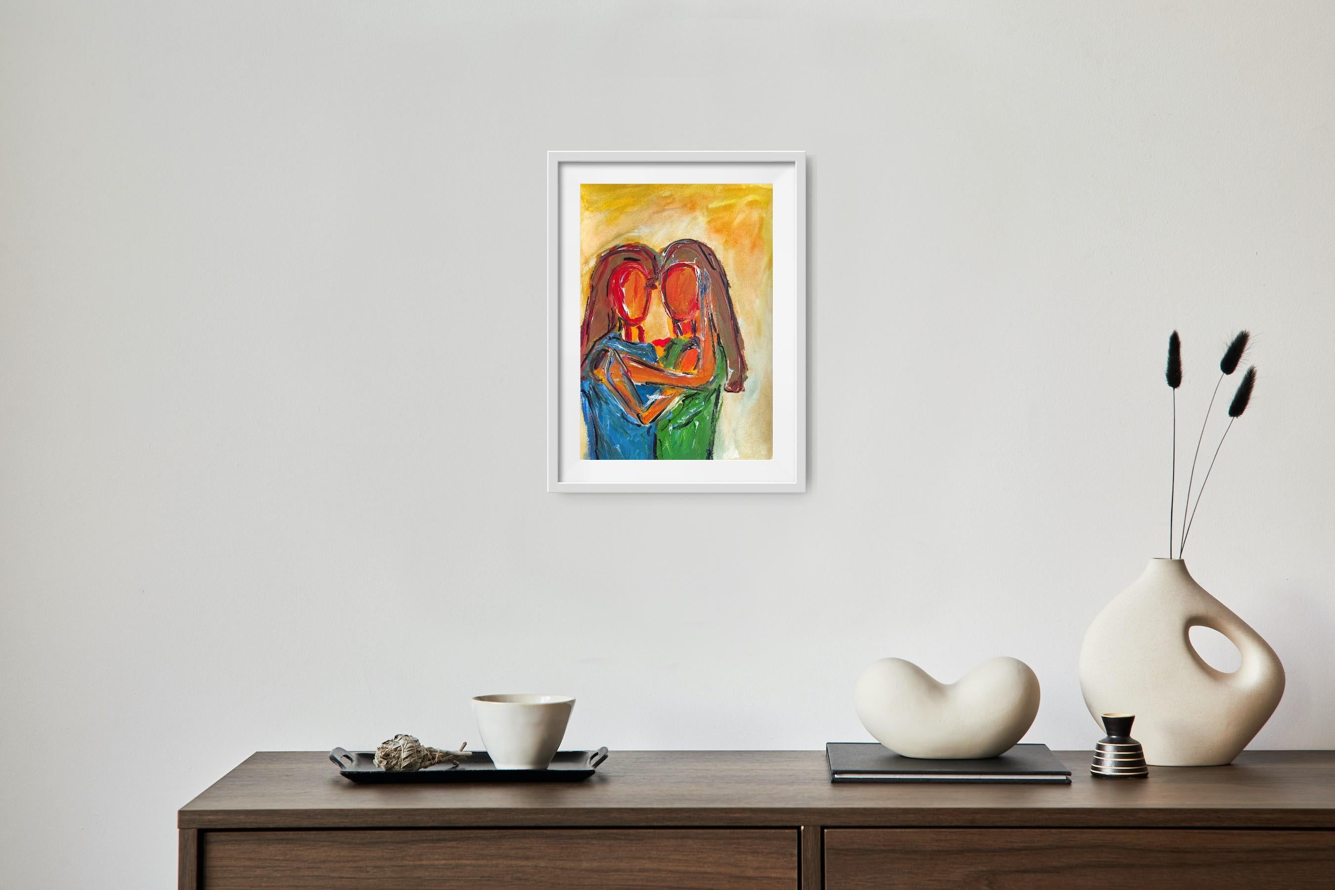 Quadro astratto contemporaneo in acrilico ritratto di due donne su carta in vendita 2