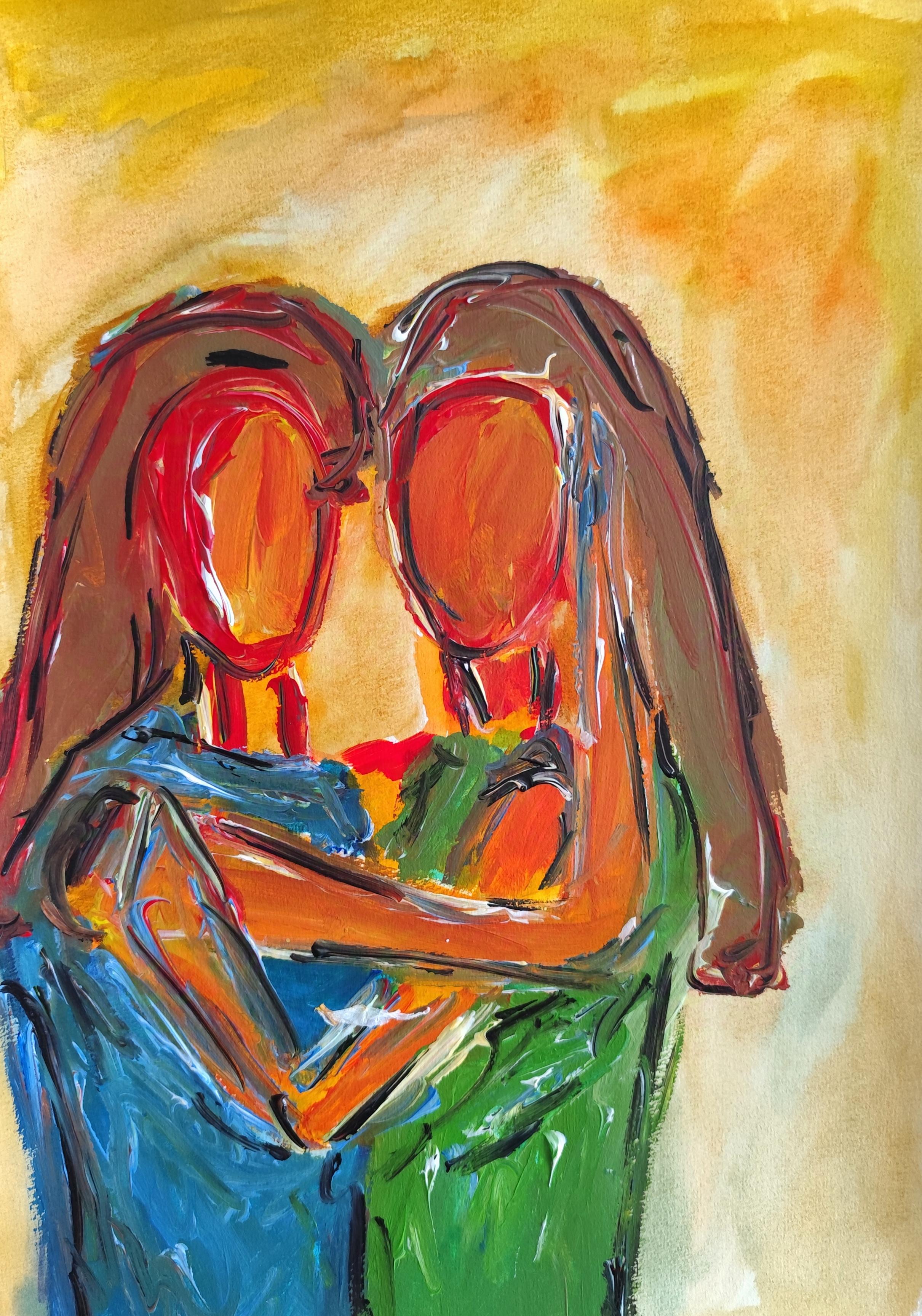 Figurative Painting di Mougenot Natalya - Quadro astratto contemporaneo in acrilico ritratto di due donne su carta