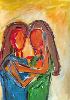 Contemporary abstract acrylic painting portrait of a two women on paper