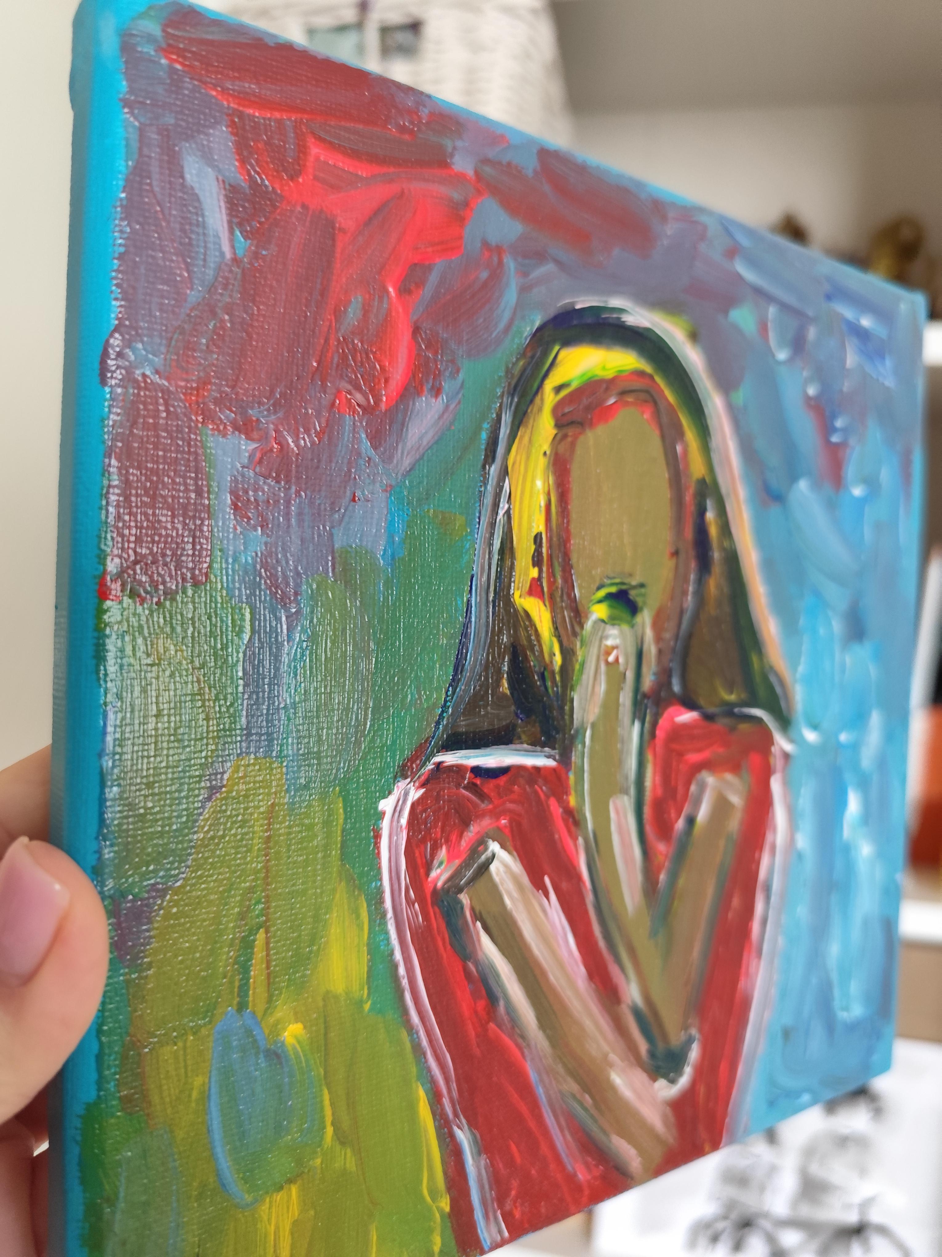 Retrato acrílico abstracto contemporáneo de mujer sobre lienzo 