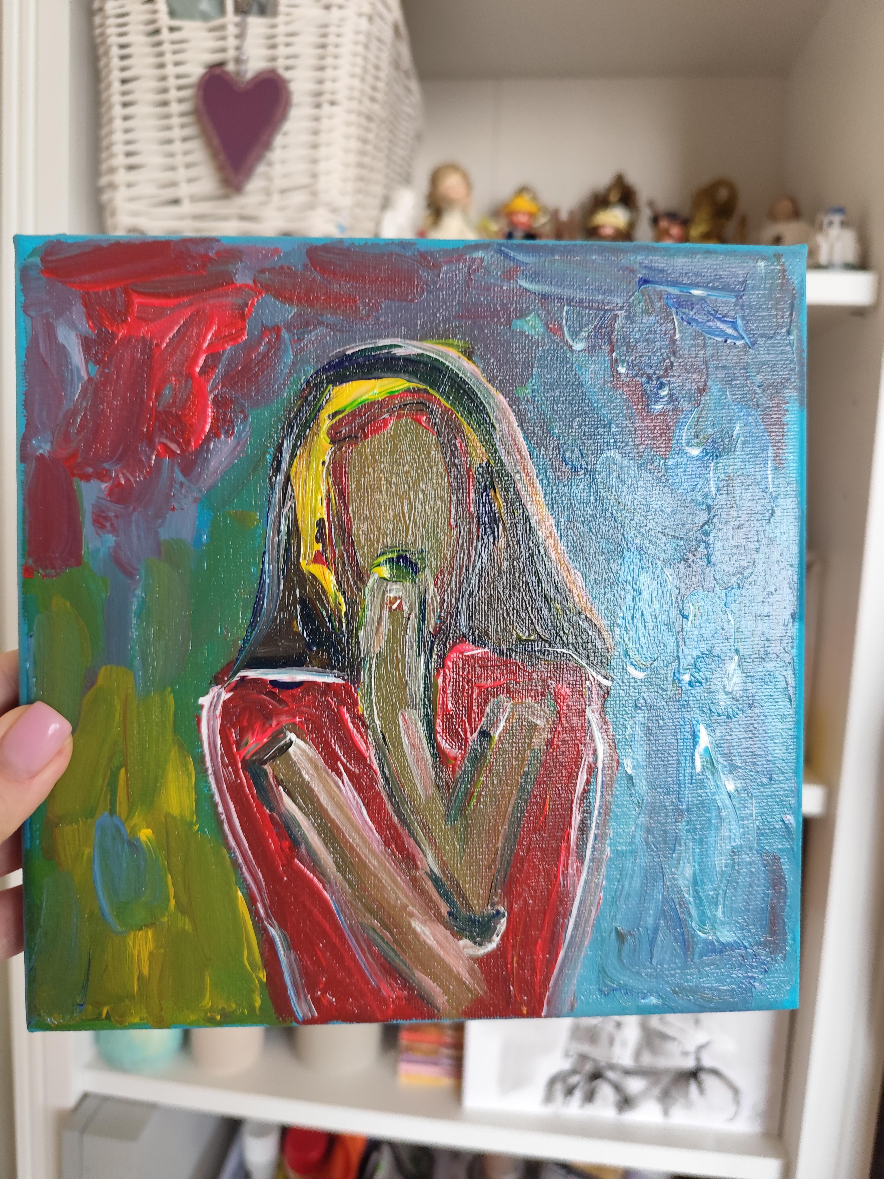 Retrato acrílico abstracto contemporáneo de mujer sobre lienzo 