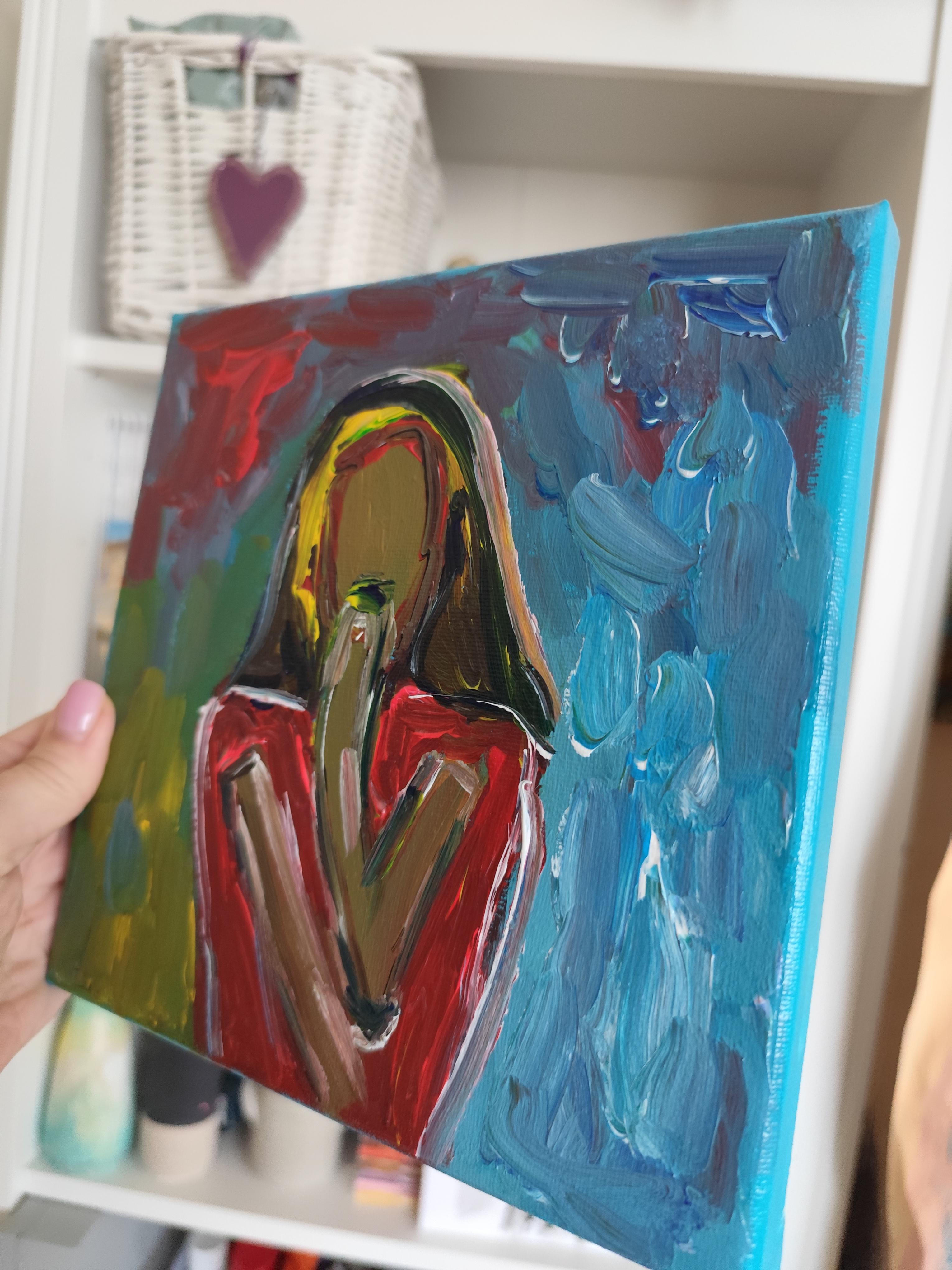 Retrato acrílico abstracto contemporáneo de mujer sobre lienzo 