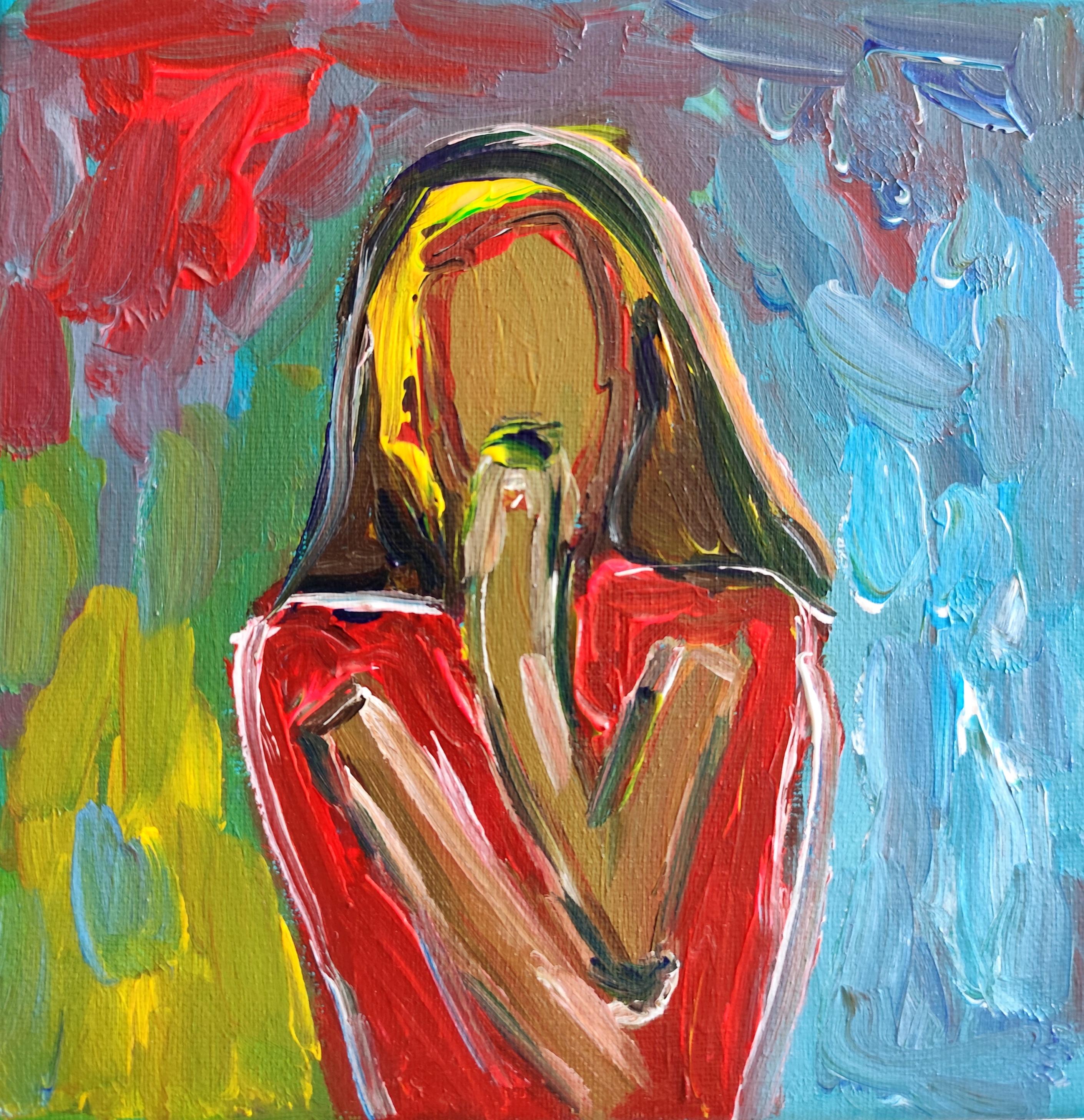 Abstract Painting de Mougenot Natalya - Retrato acrílico abstracto contemporáneo de mujer sobre lienzo "El poder interior"