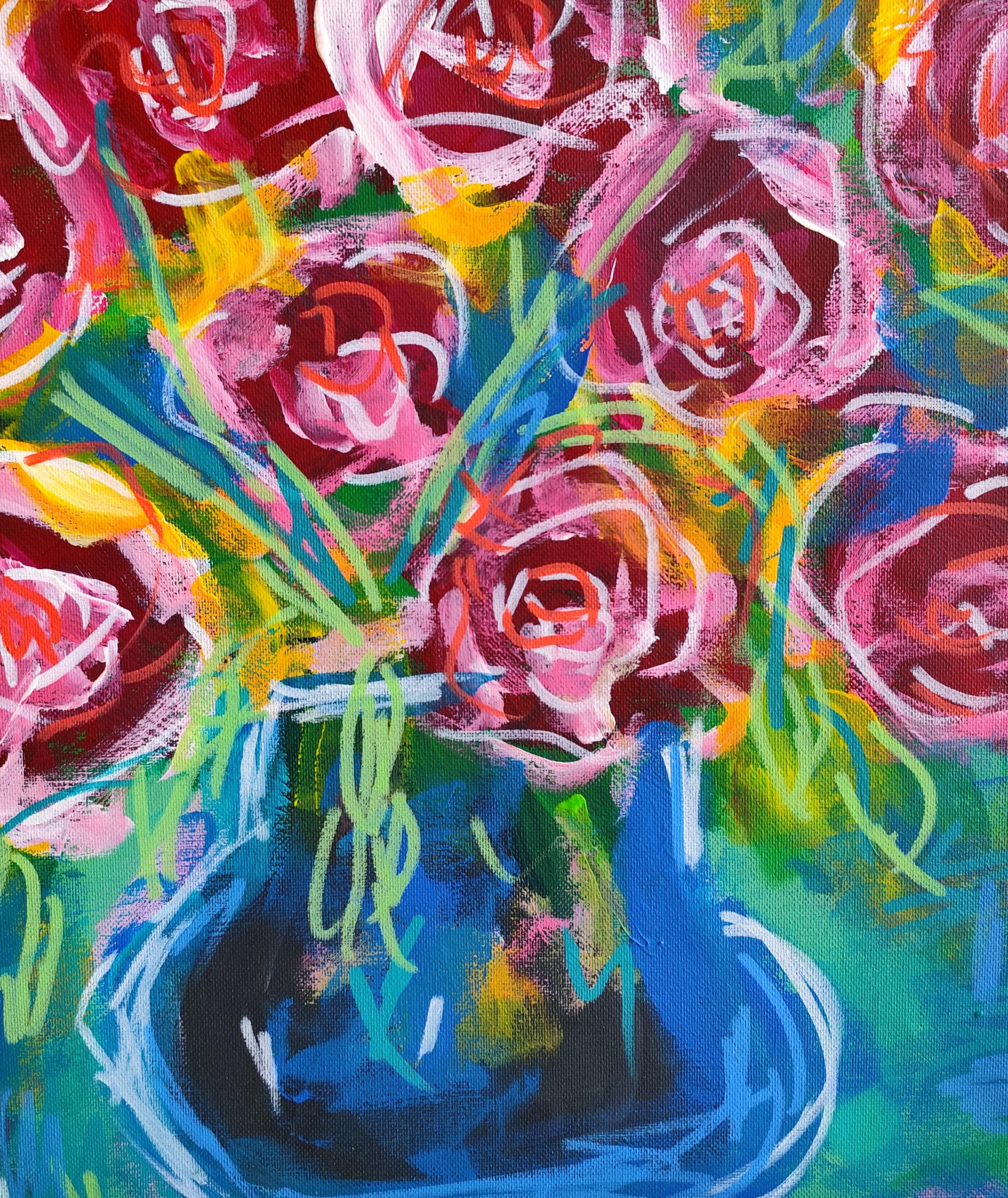 Contemporary abstract expressionist floral painting on canvas "Crimson bouquet"
