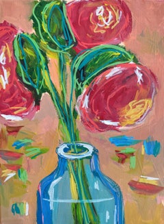 Contemporary abstract expressionist floral painting on canvas "Trinity of roses"