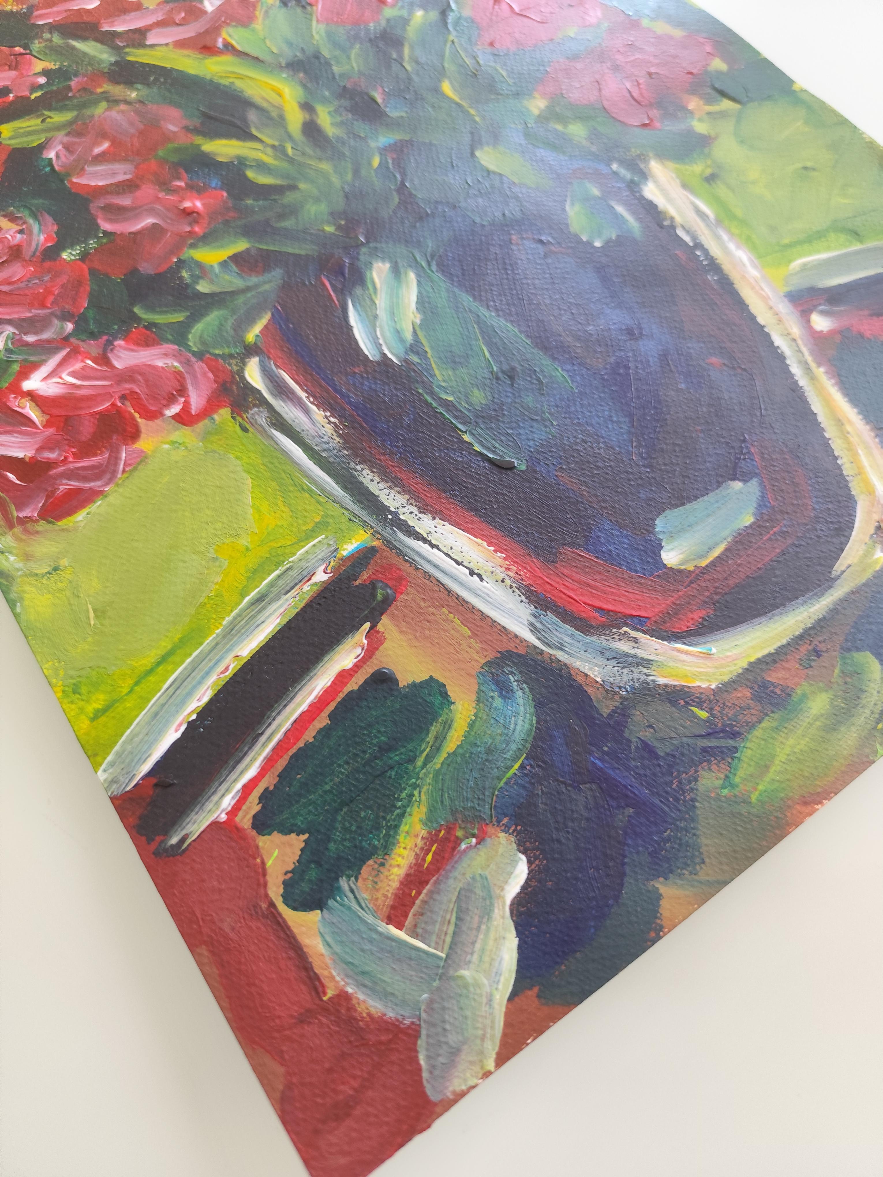 Contemporary abstract expressionist floral painting on paper 