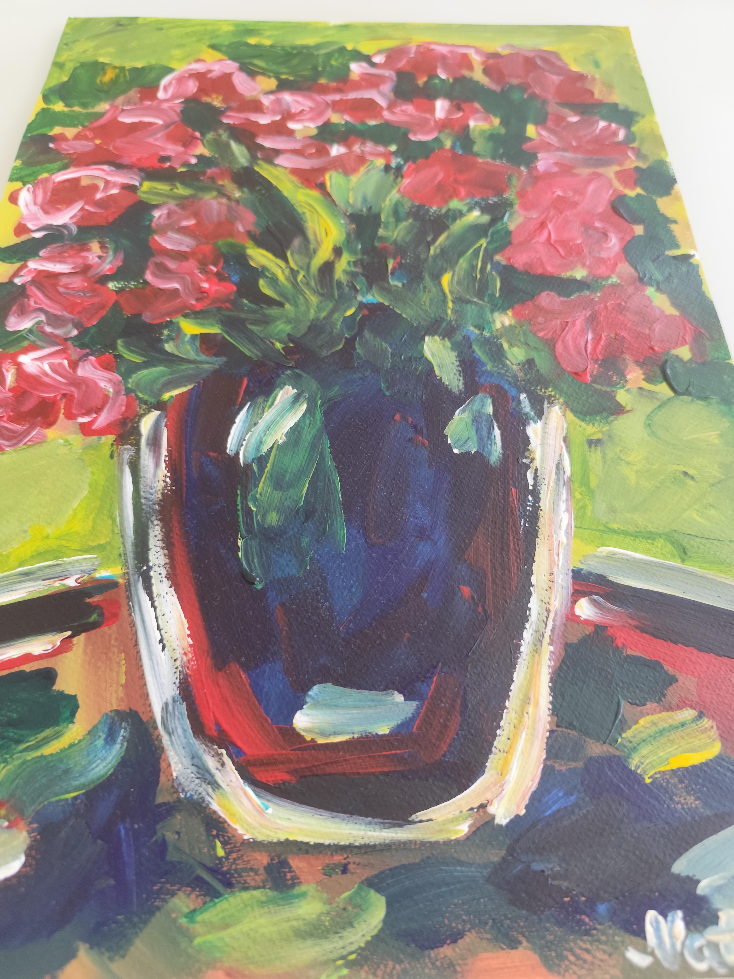 Contemporary abstract expressionist floral painting on paper 