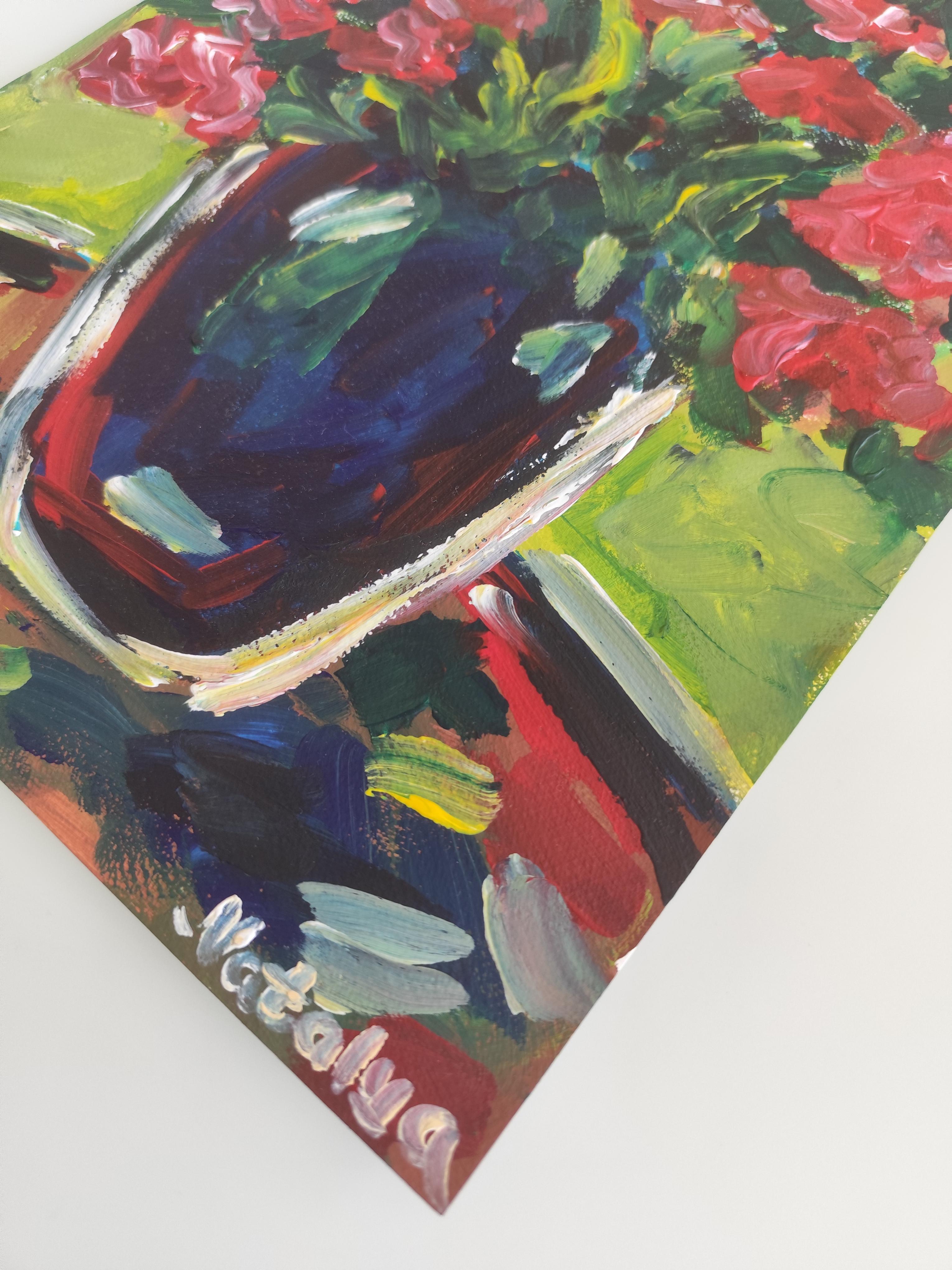 Contemporary abstract expressionist floral painting on paper 