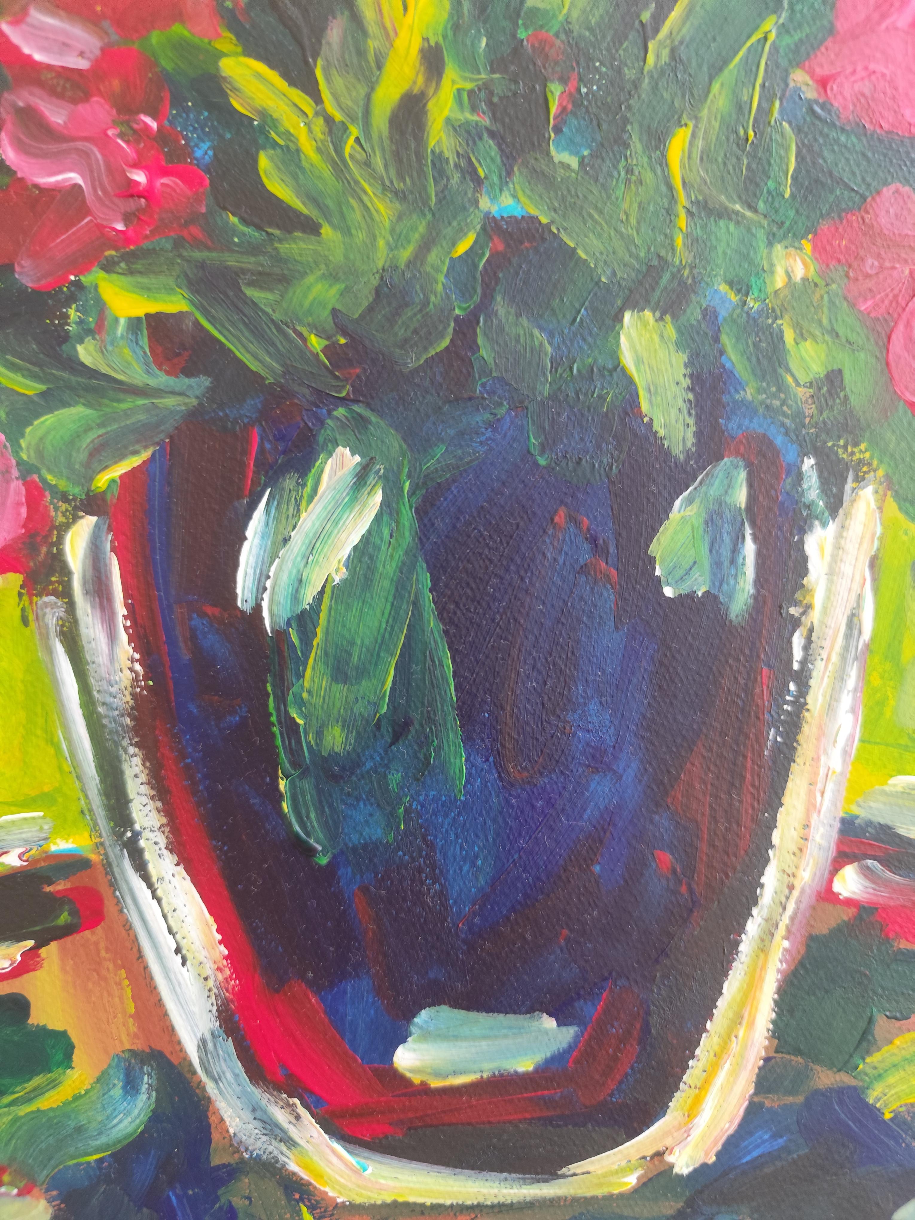 Contemporary abstract expressionist floral painting on paper 