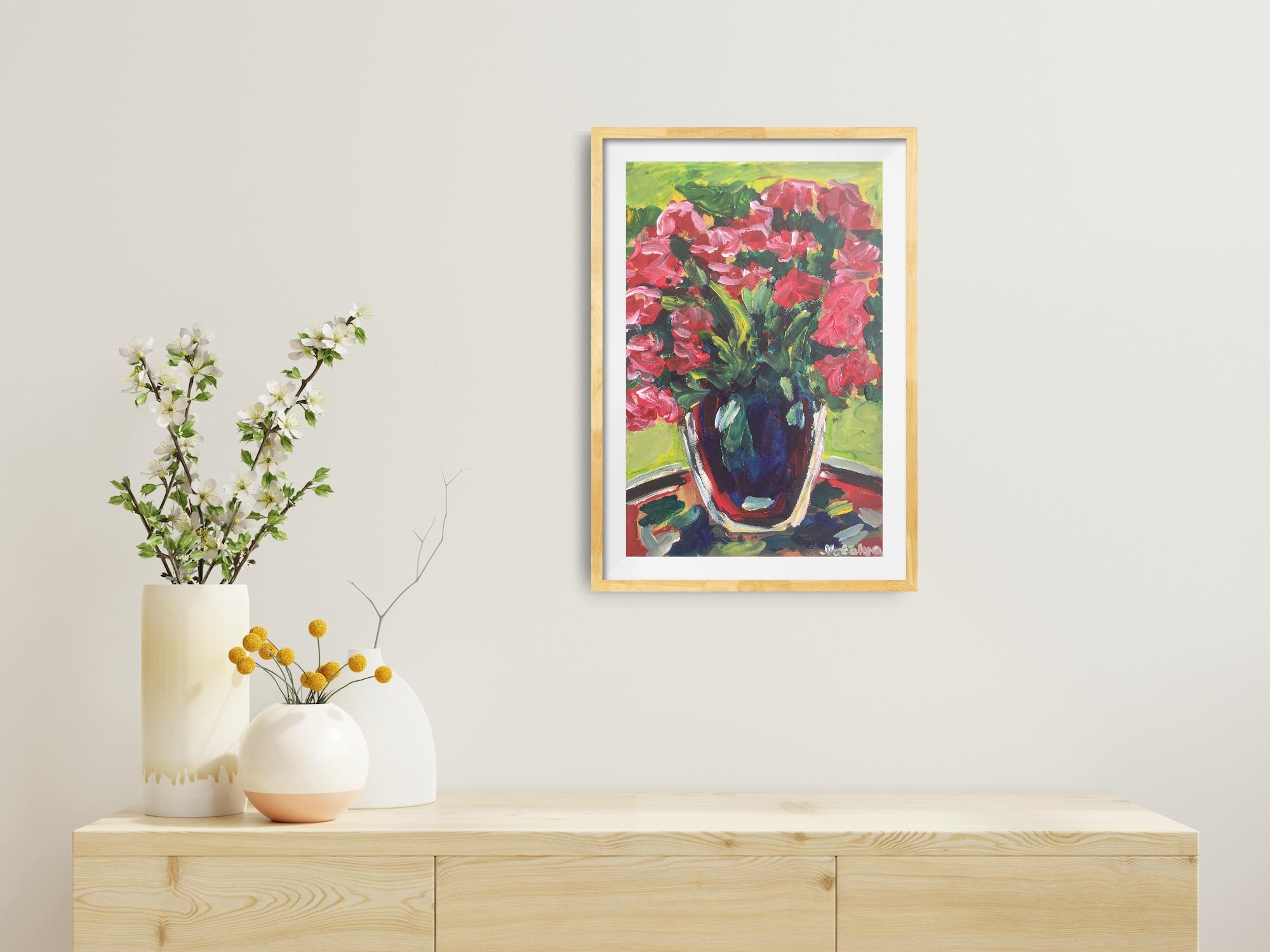 Contemporary abstract expressionist floral painting on paper 