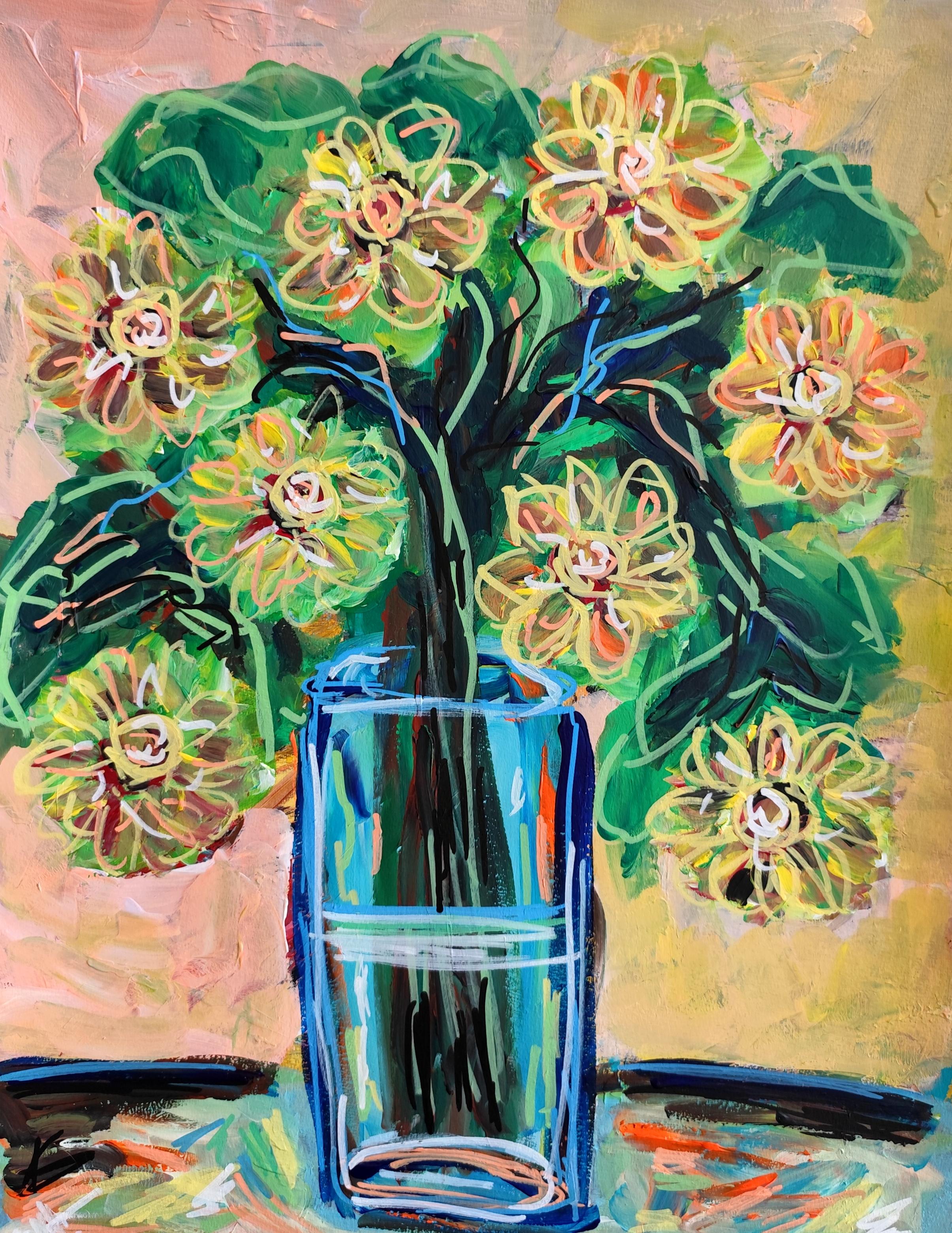 Zeitgenössische abstrakte expressionistische Blumenmalerei auf Papier "Goldene Sonnenblumen".