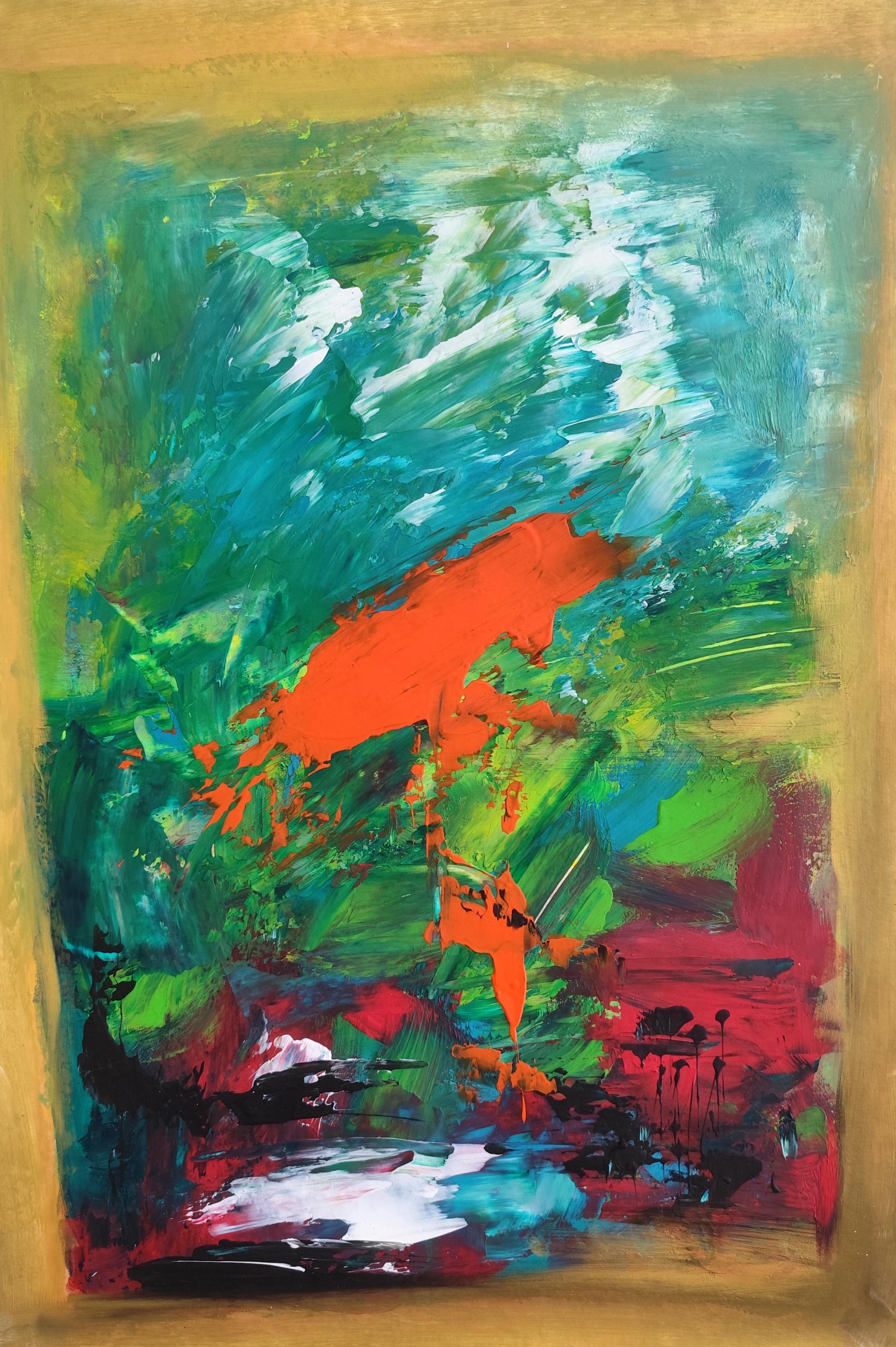 Abstract Painting Mougenot Natalya - Peinture florale expressionniste abstraite contemporaine sur papier "Coups libérés".