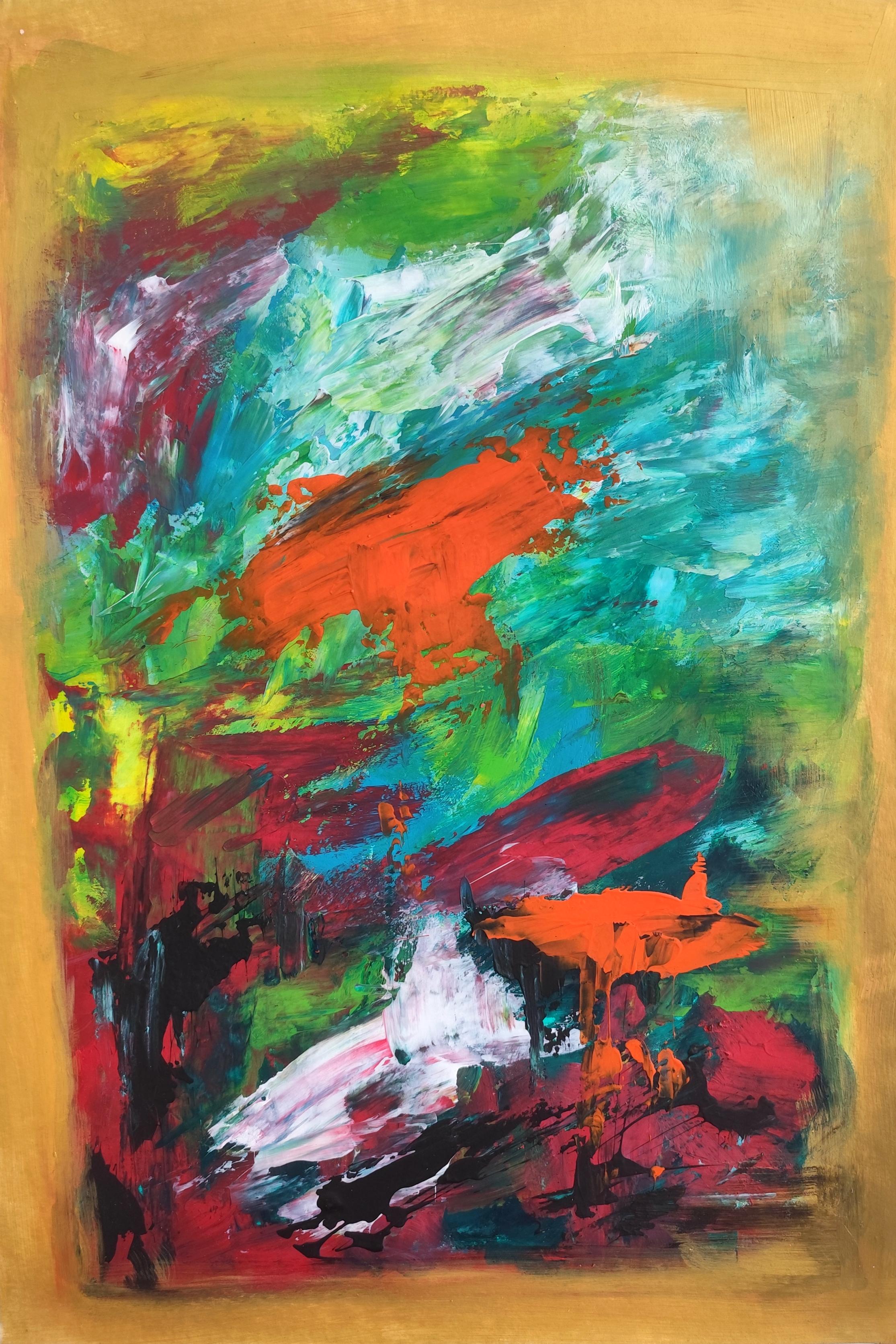 Mougenot Natalya Interior Painting - Contemporary abstract expressionist floral painting on paper "Living Freedom"