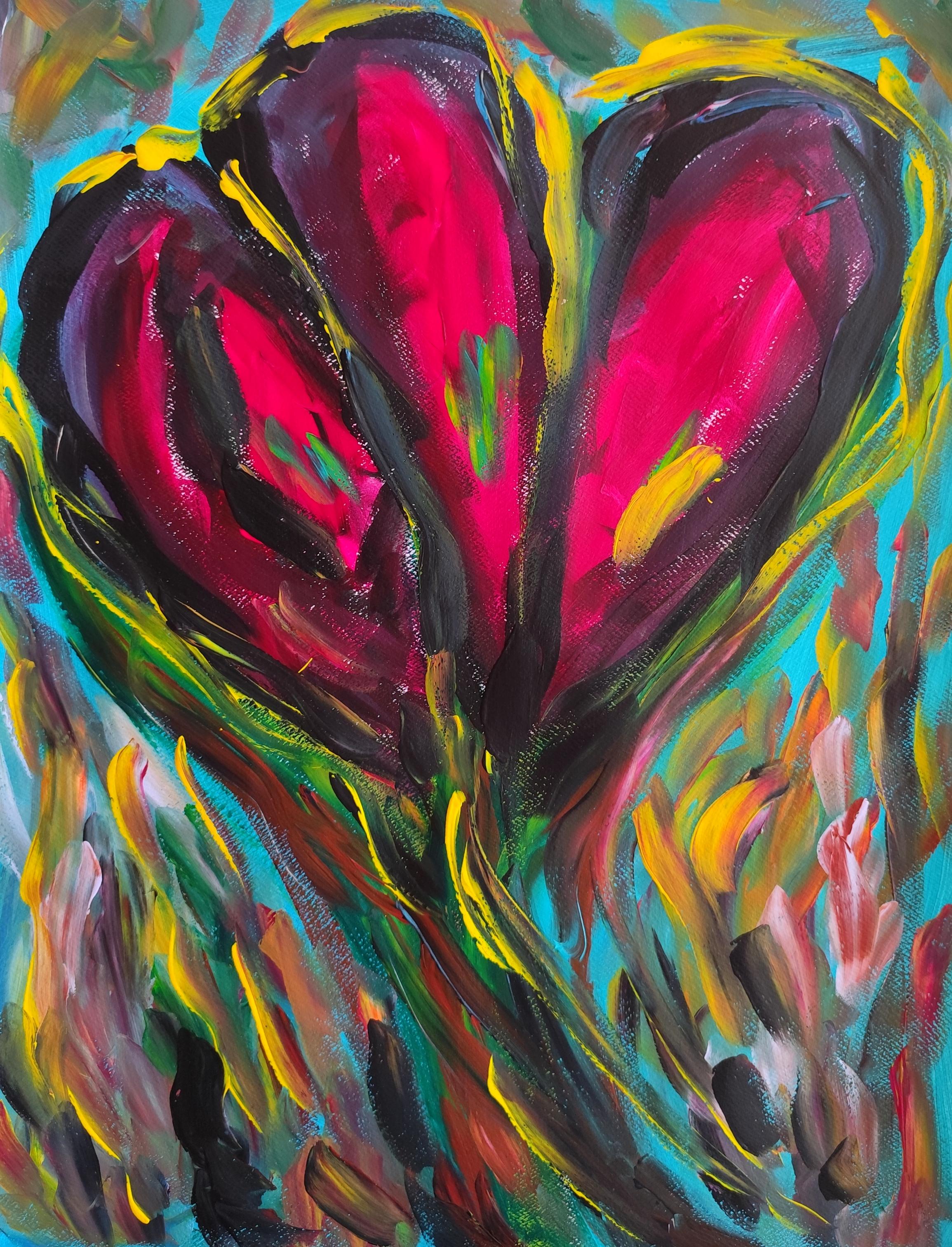 Mougenot Natalya Interior Painting - Contemporary abstract expressionist floral painting on paper "Trio Blossom"