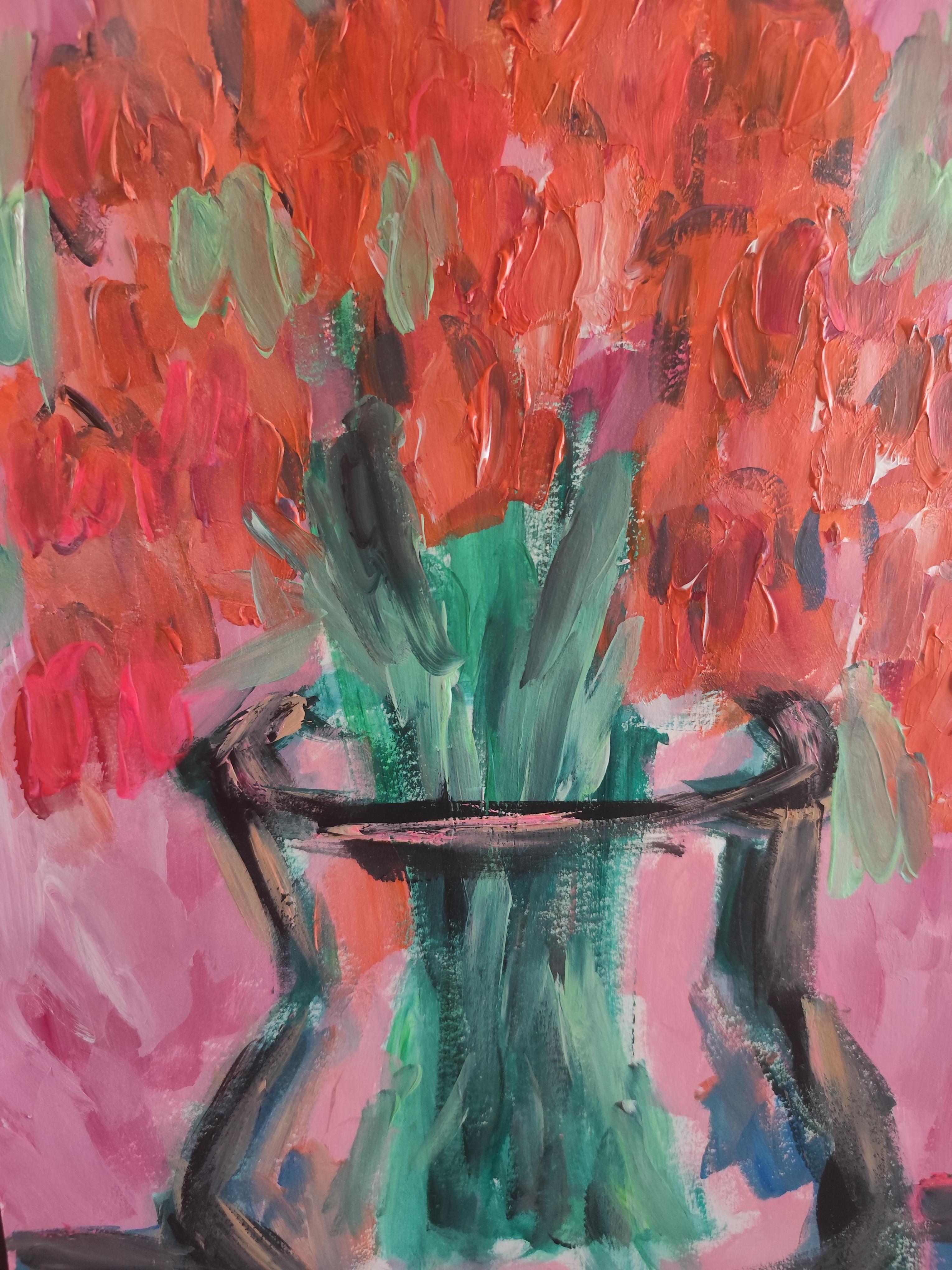 Contemporary abstract expressionist floral painting *Orange petals in bloom