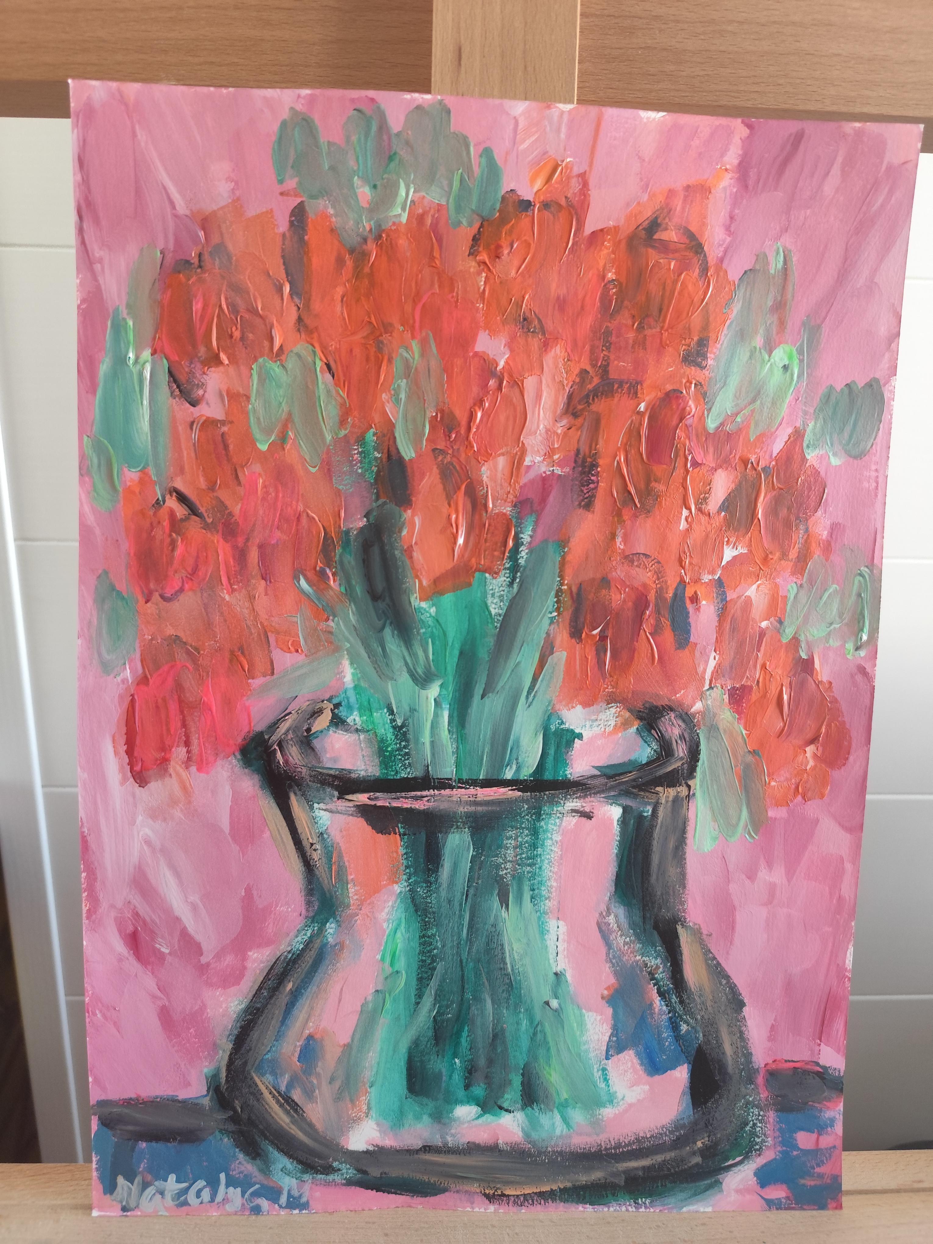 Contemporary abstract expressionist floral painting *Orange petals in bloom
